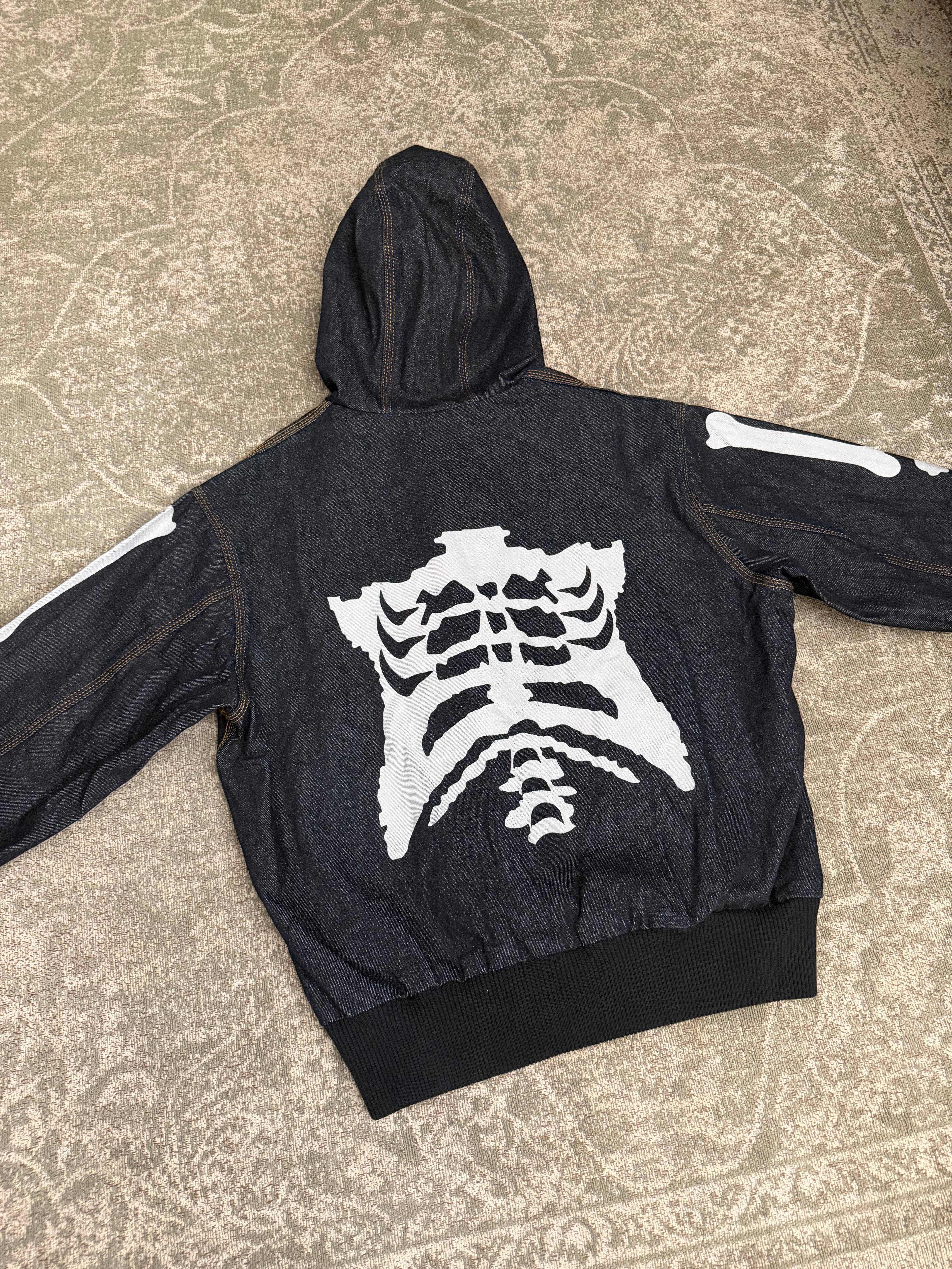9090 Bone Skeleton Rigid Denim Zip Hoodie Raw Jacket