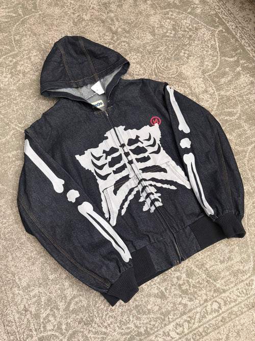 9090 Bone Skeleton Rigid Denim Zip Hoodie Raw Jacket