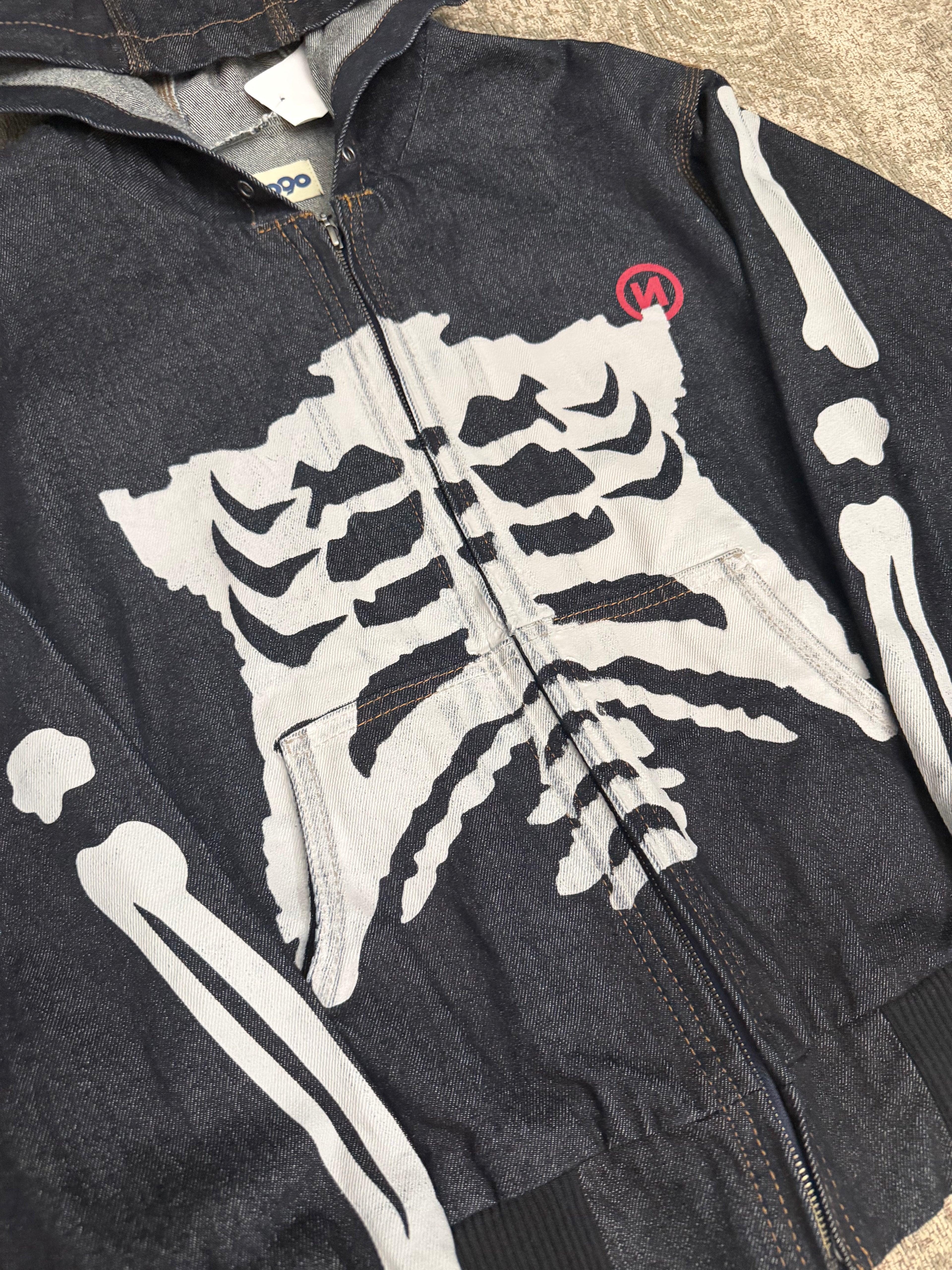 9090 Bone Skeleton Rigid Denim Zip Hoodie Raw Jacket