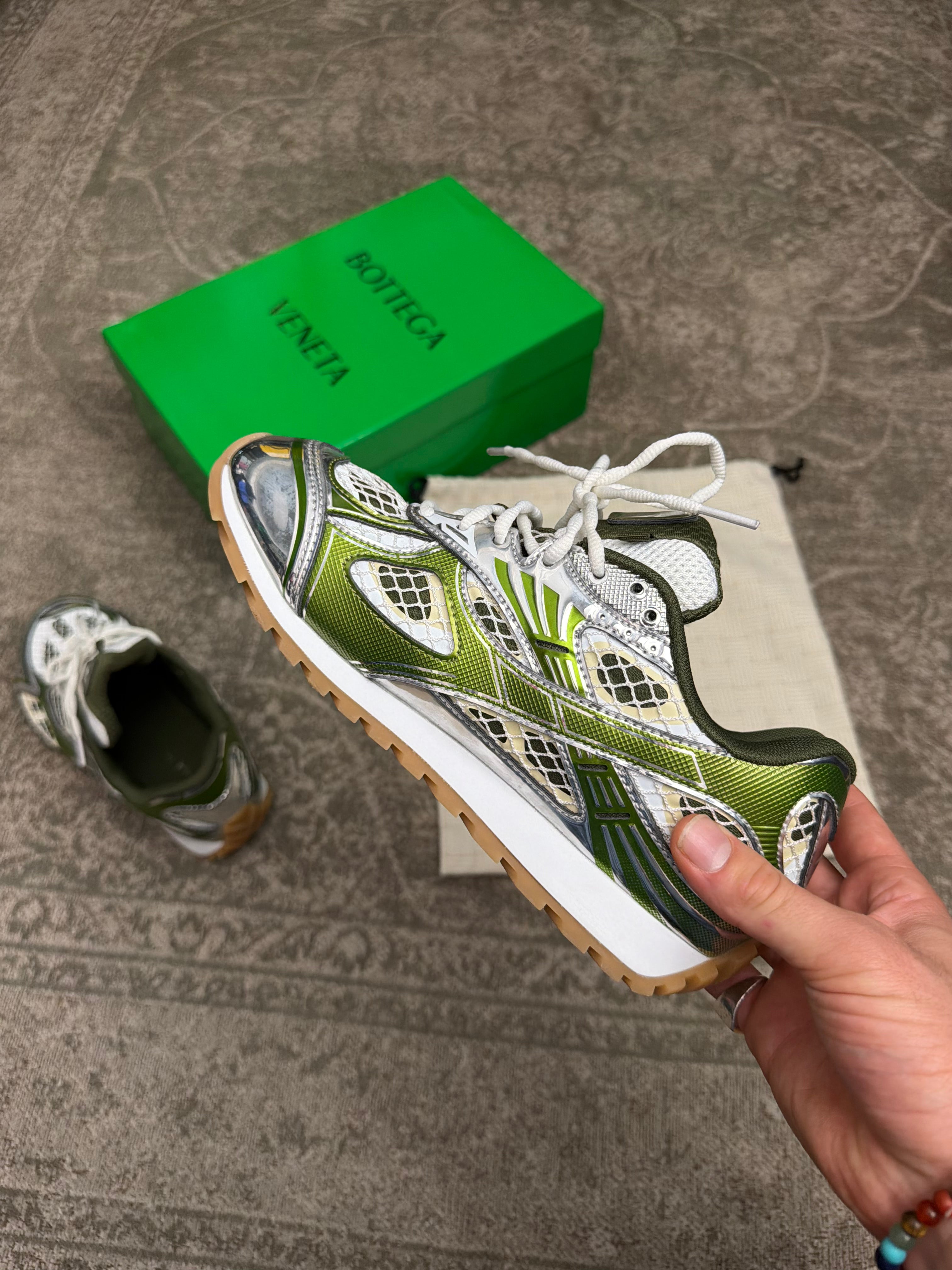 Bottega Veneta Orbit Sneakers White Green Silver