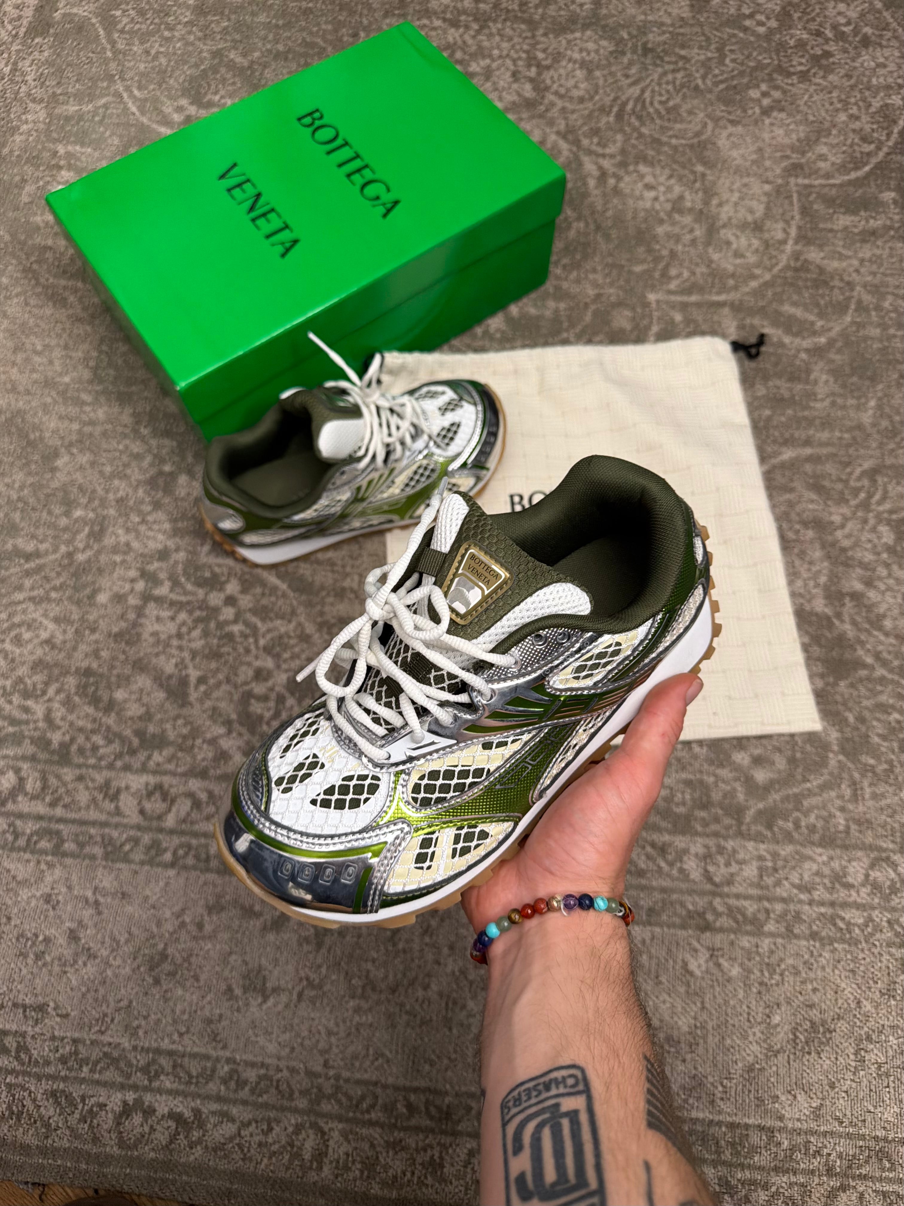 Bottega Veneta Orbit Sneakers White Green Silver