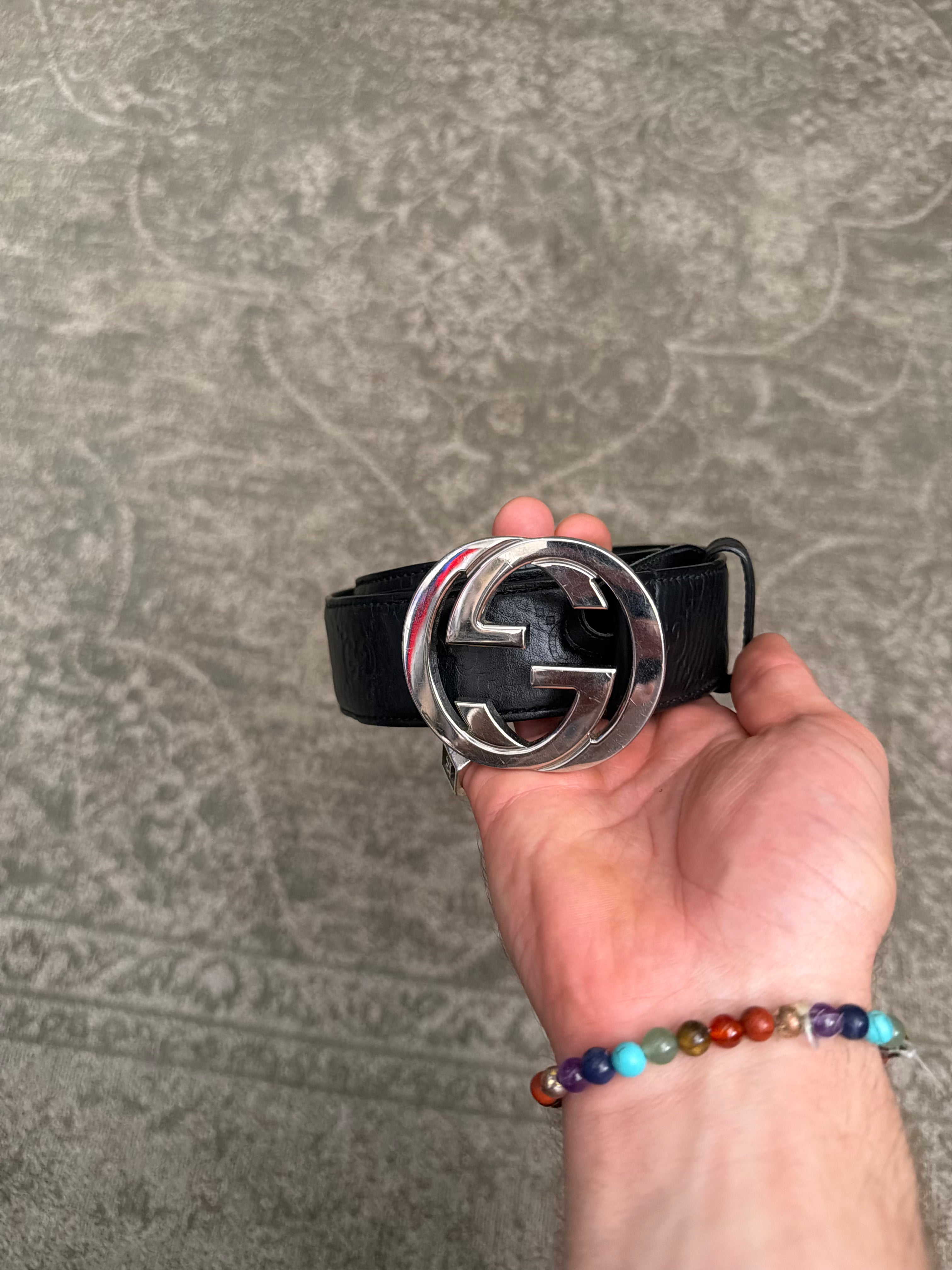 Gucci Interlocking G Monogram Signature Belt Black Silver Monogram