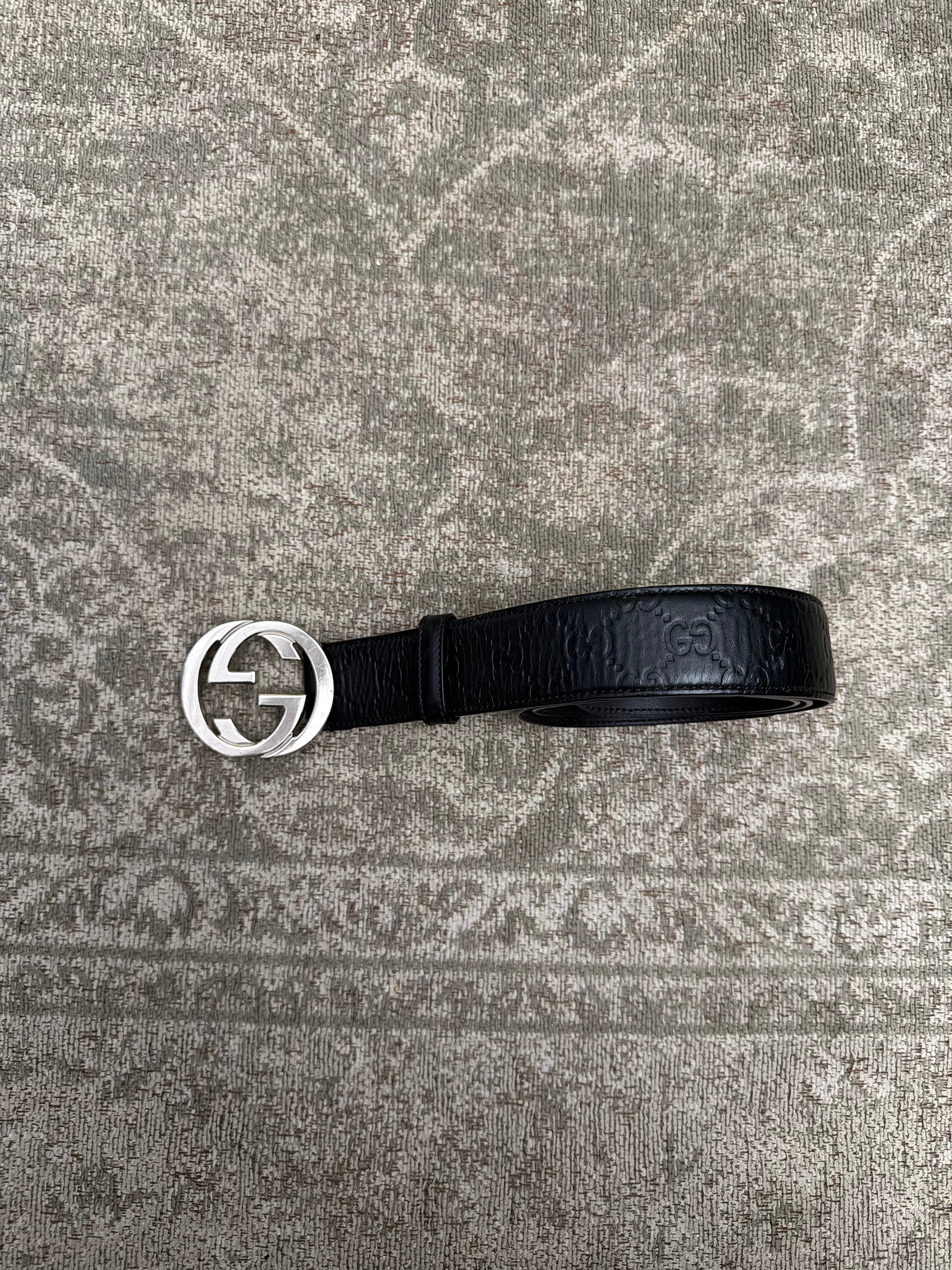 Gucci Interlocking G Monogram Signature Belt Black Silver Monogram