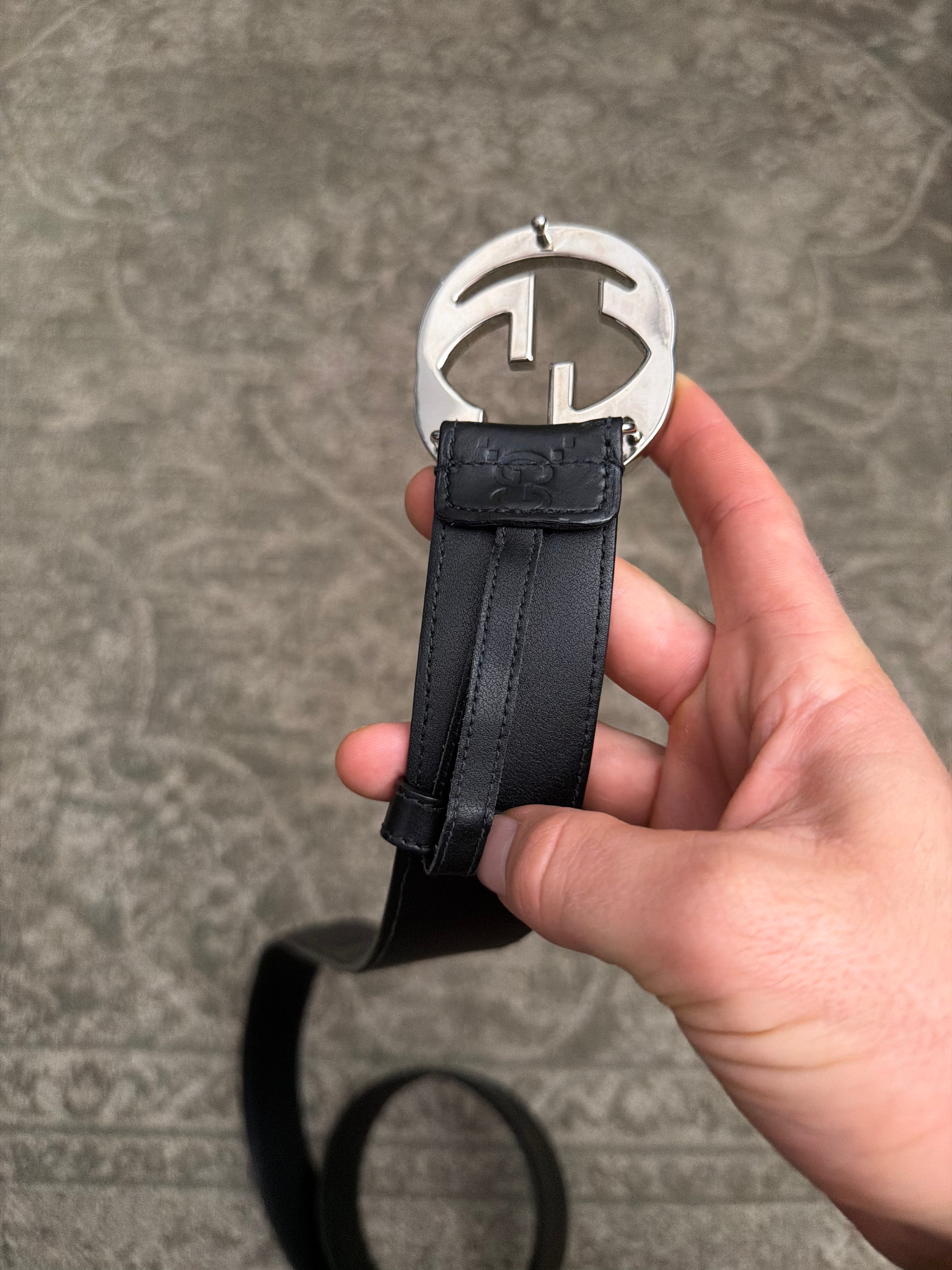 Gucci Interlocking G Monogram Signature Belt Black Silver Monogram