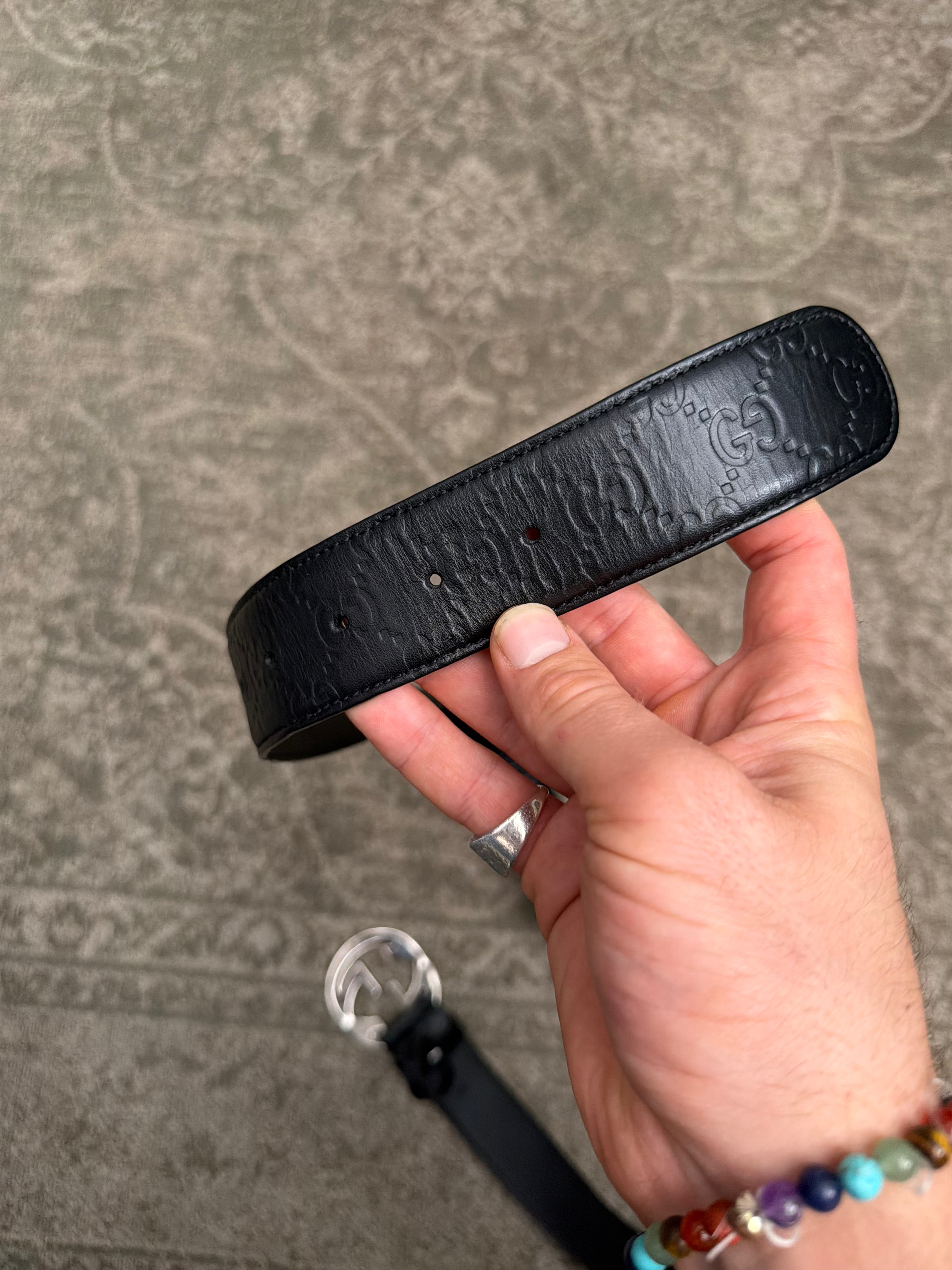 Gucci Interlocking G Monogram Signature Belt Black Silver Monogram