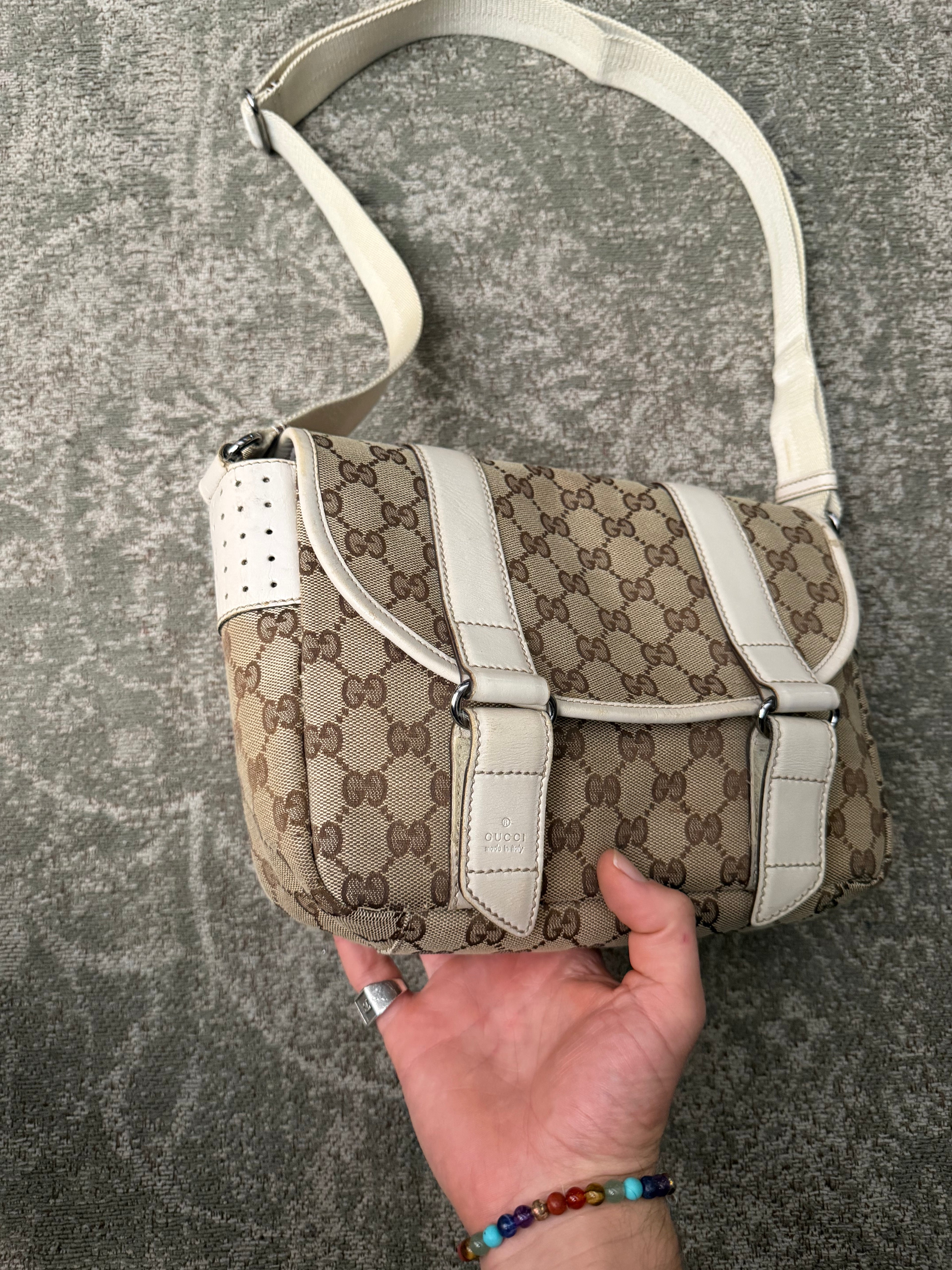 Gucci GG Canvas White Leather Shoulderbag Doublestrap Beige