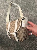 Gucci GG Canvas White Leather Shoulderbag Doublestrap Beige