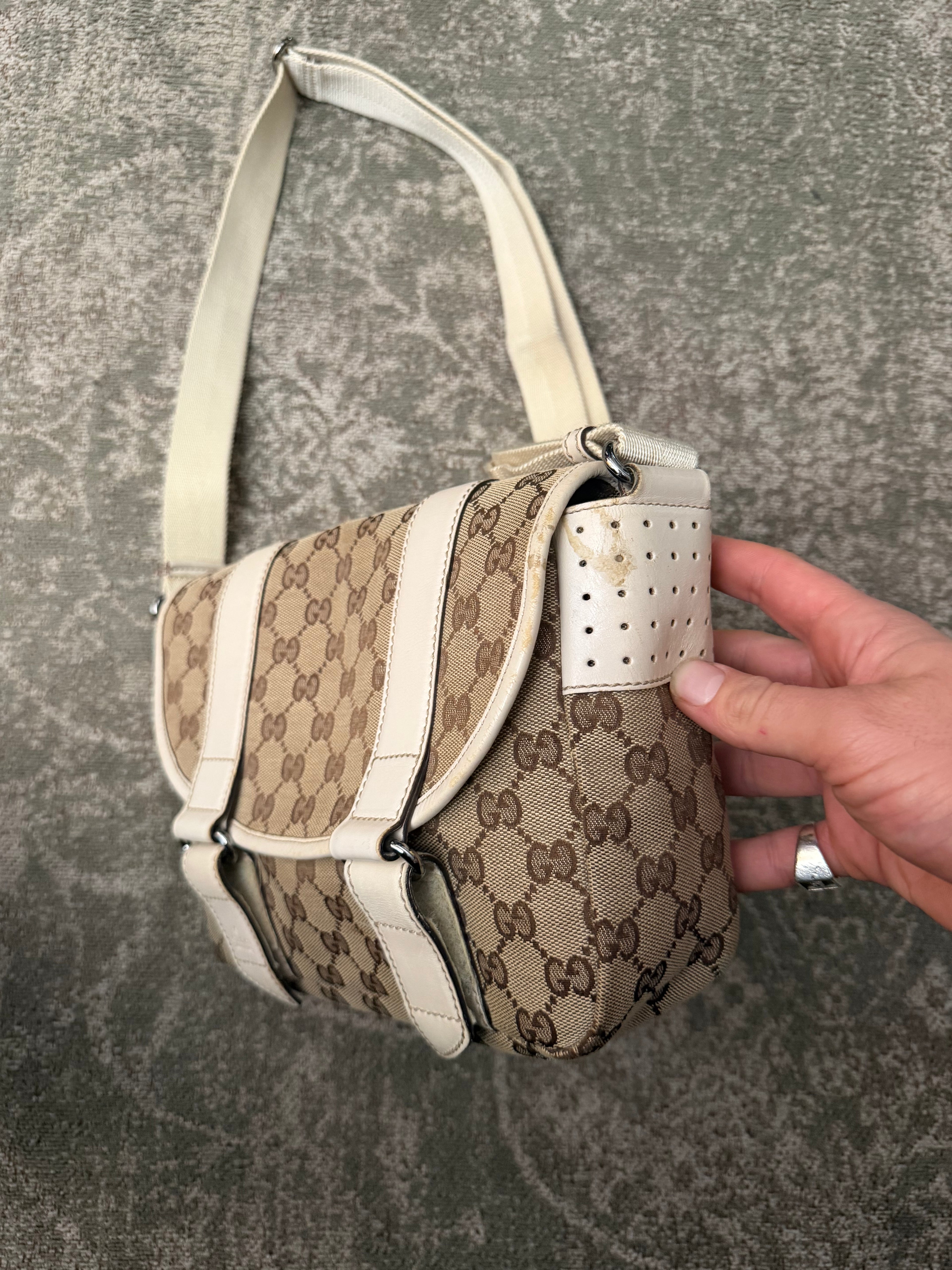 Gucci GG Canvas White Leather Shoulderbag Doublestrap Beige