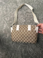 Gucci GG Canvas White Leather Shoulderbag Doublestrap Beige