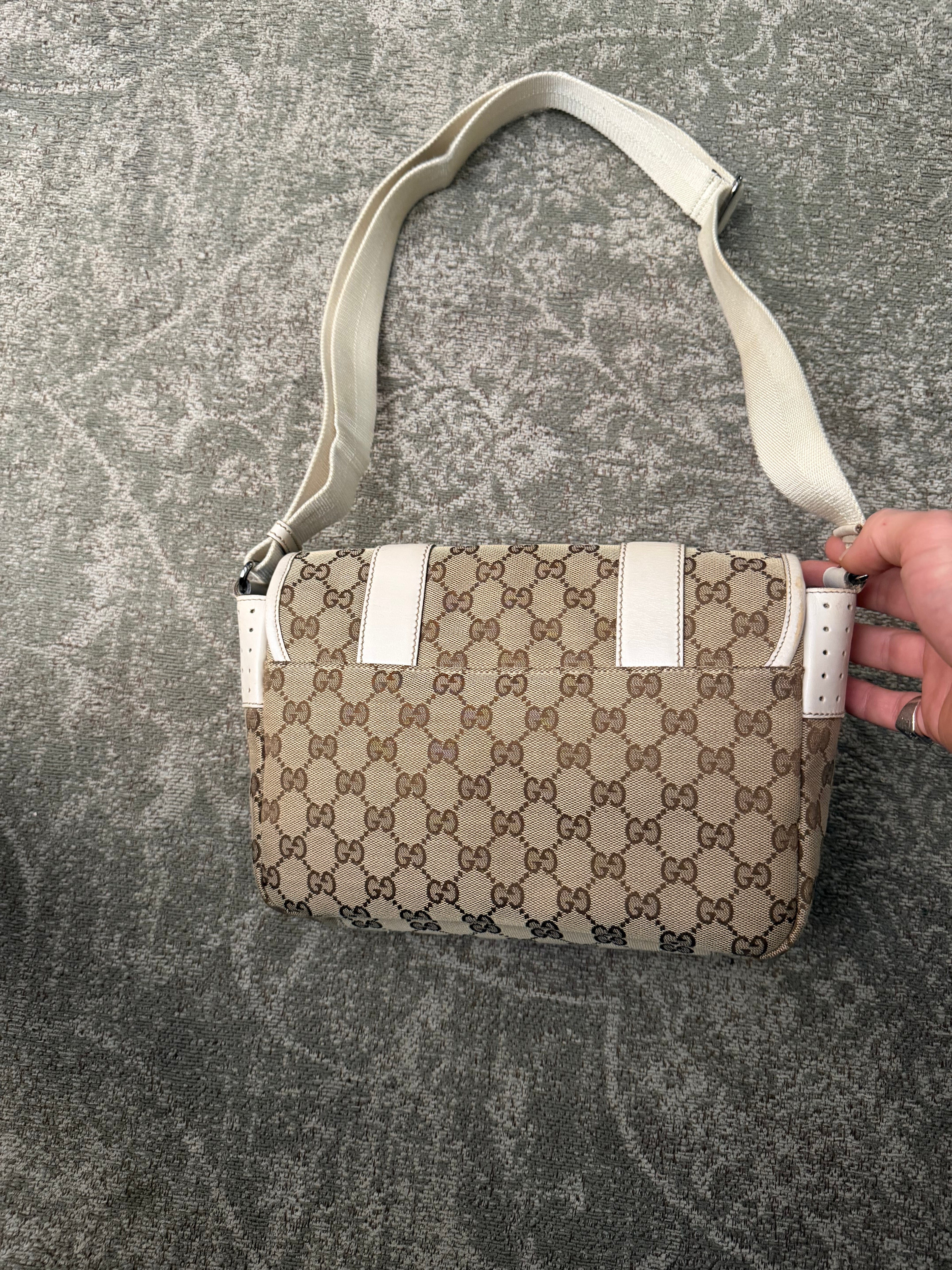 Gucci GG Canvas White Leather Shoulderbag Doublestrap Beige