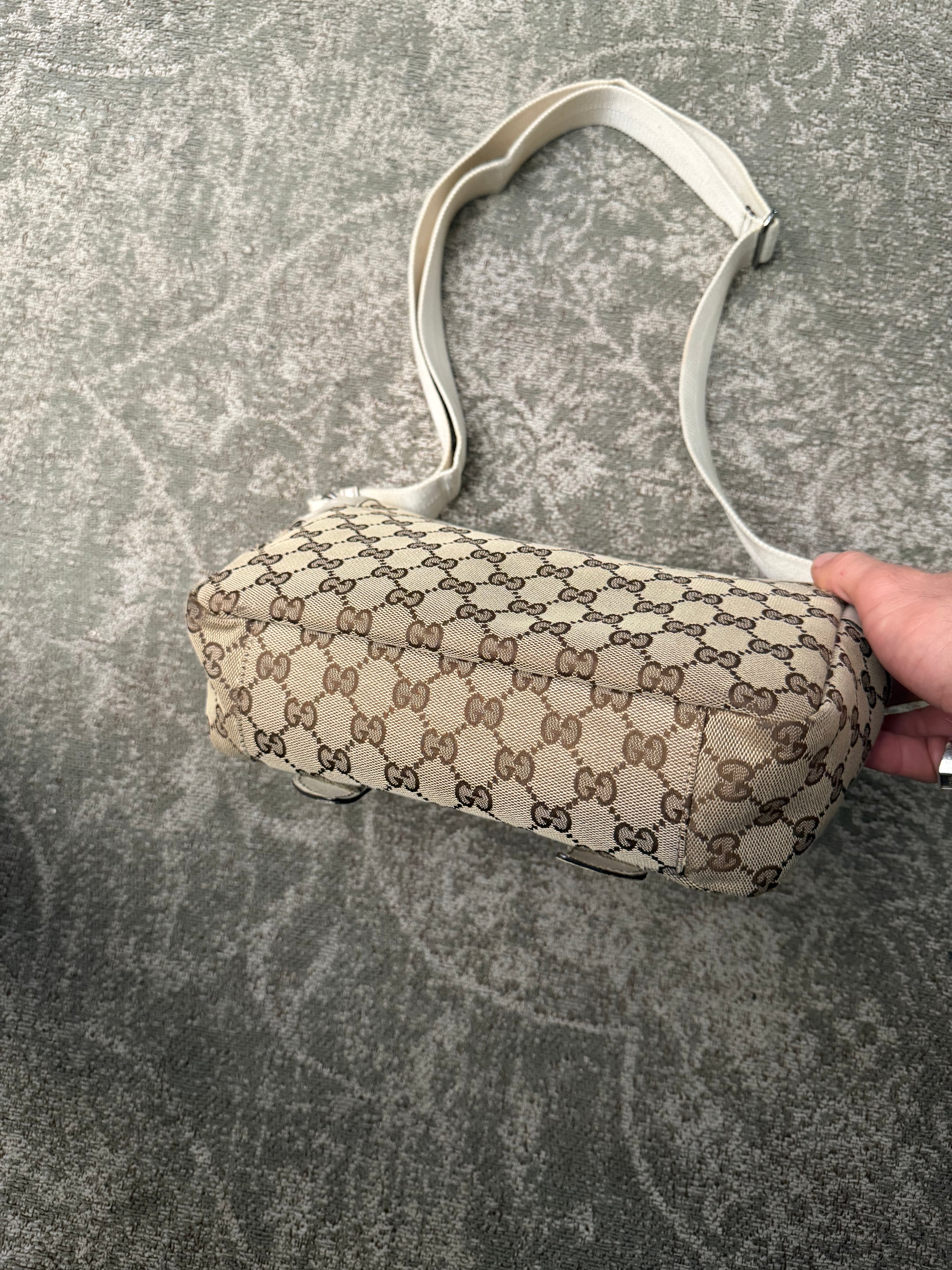 Gucci GG Canvas White Leather Shoulderbag Doublestrap Beige