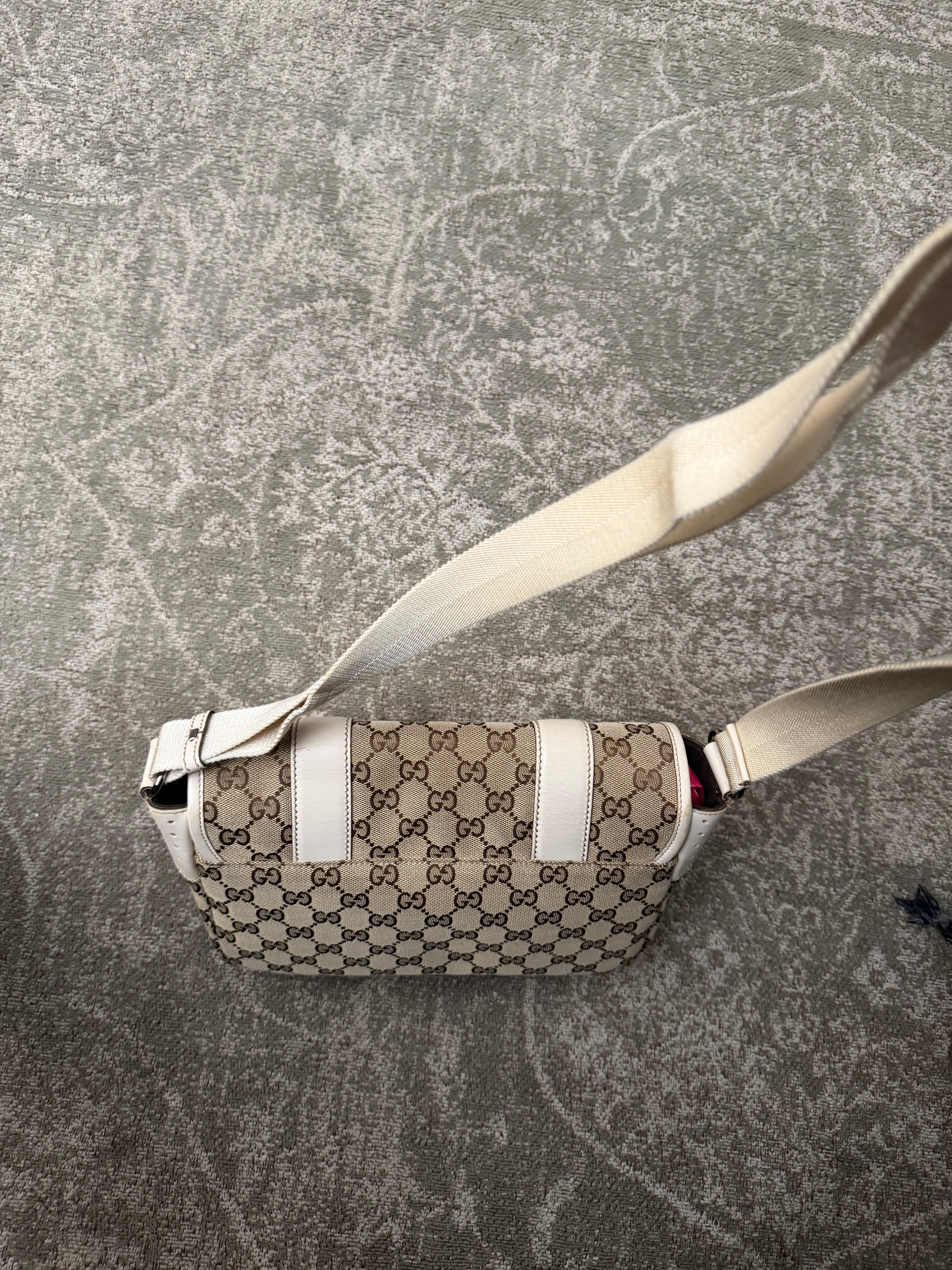 Gucci GG Canvas White Leather Shoulderbag Doublestrap Beige
