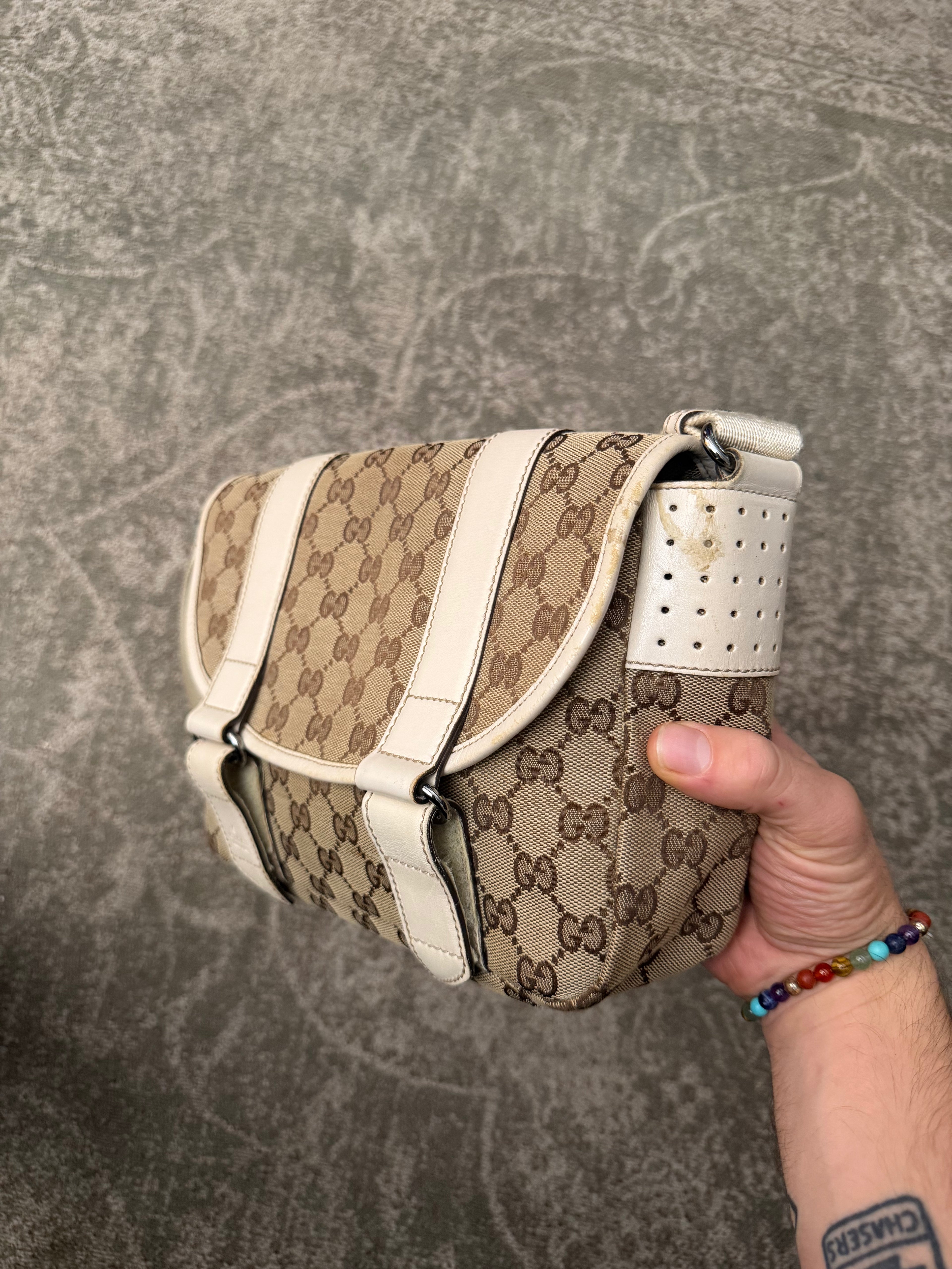 Gucci GG Canvas White Leather Shoulderbag Doublestrap Beige