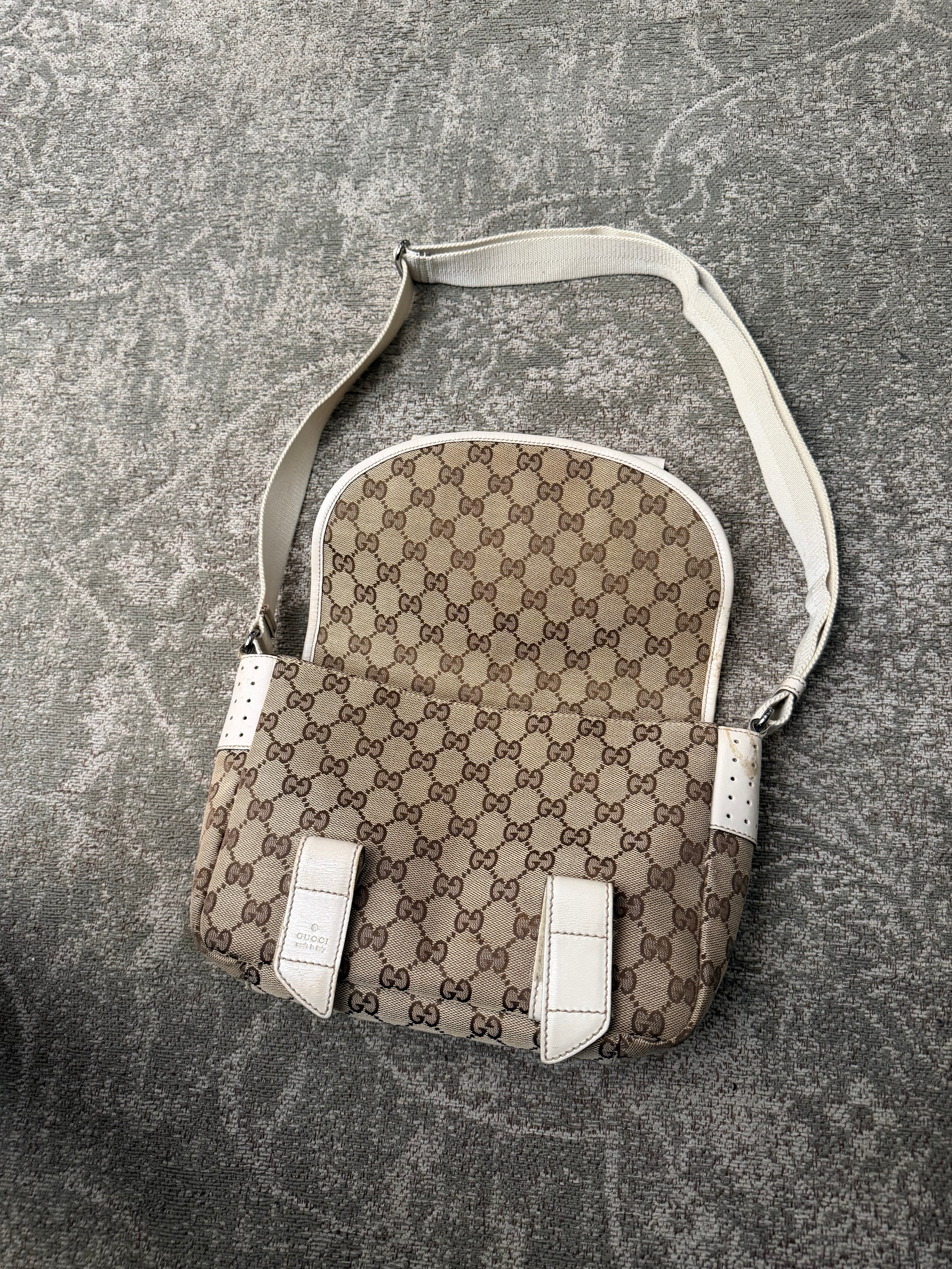 Gucci GG Canvas White Leather Shoulderbag Doublestrap Beige