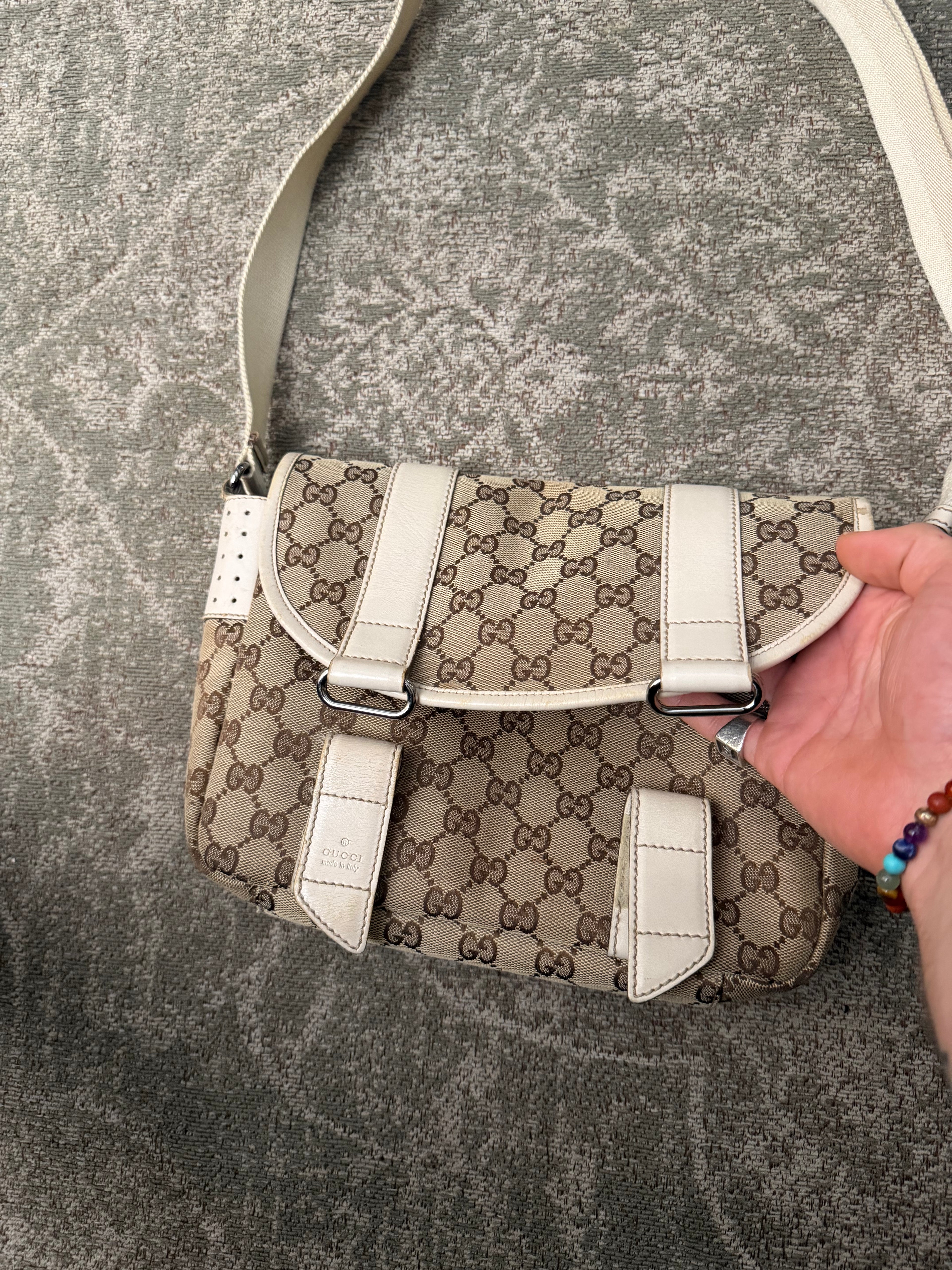 Gucci GG Canvas White Leather Shoulderbag Doublestrap Beige