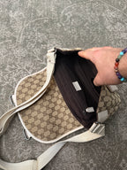 Gucci GG Canvas White Leather Shoulderbag Doublestrap Beige