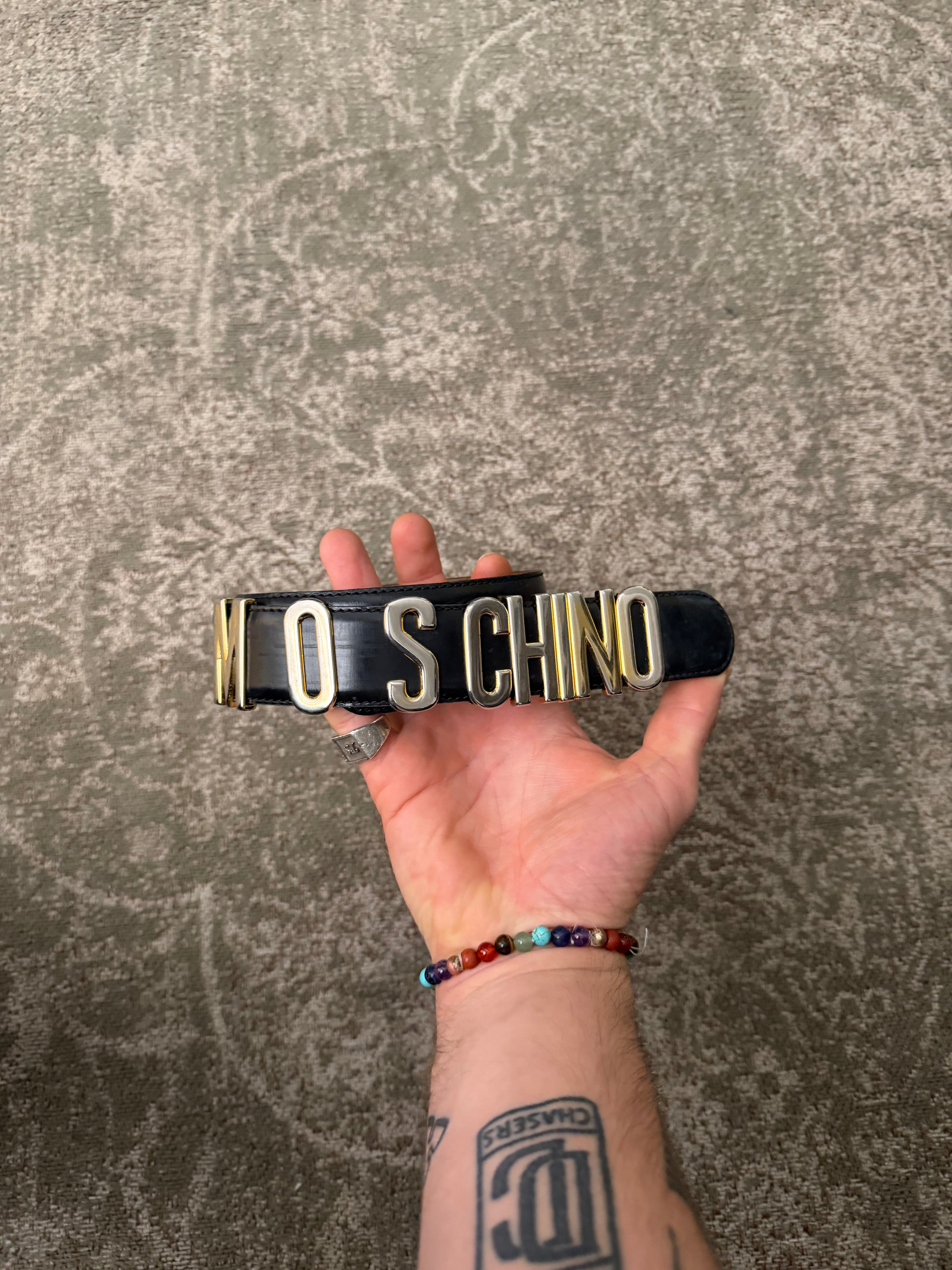 Moschino Belt Black Leather Gold Lettering