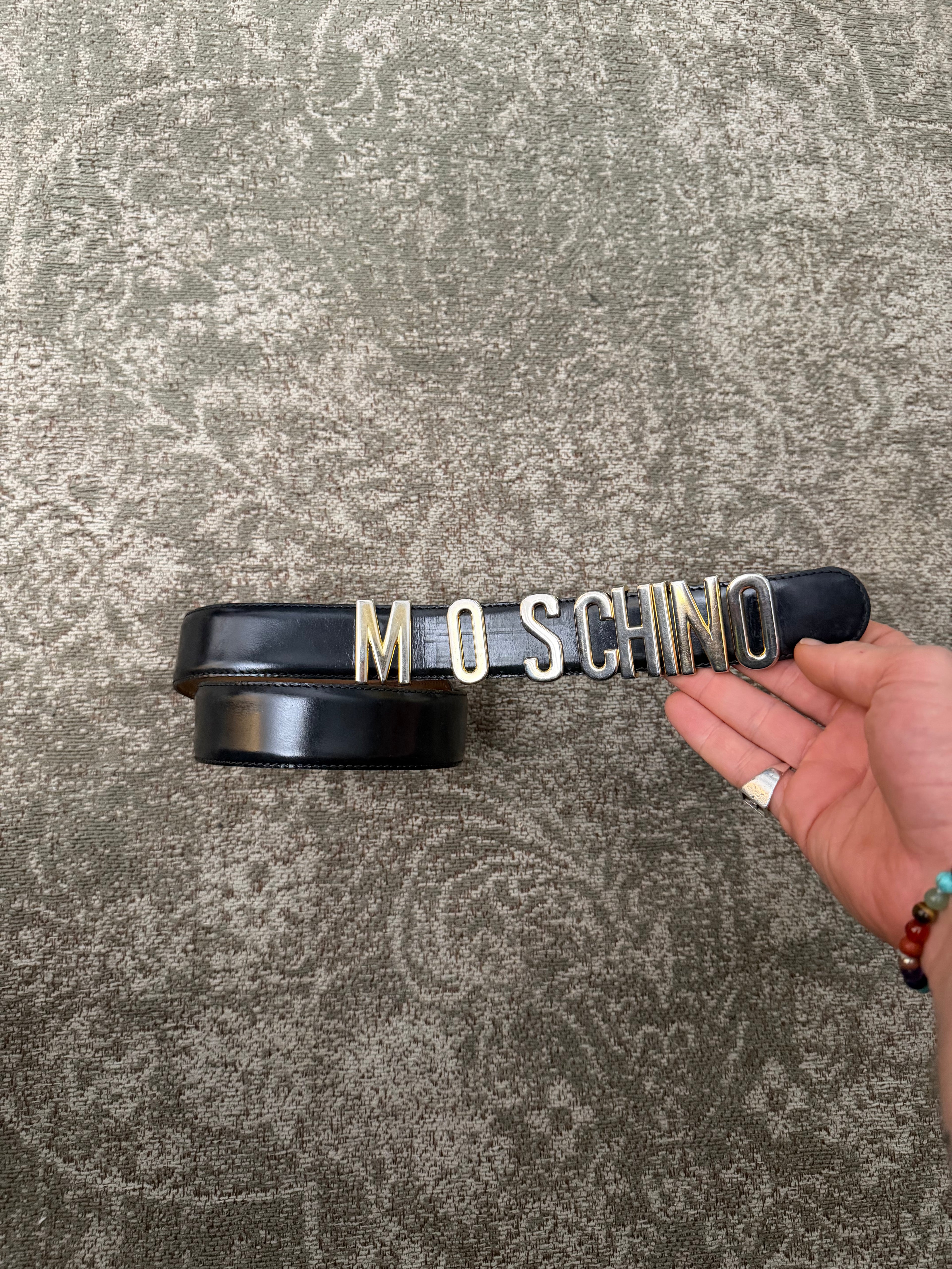Moschino Belt Black Leather Gold Lettering