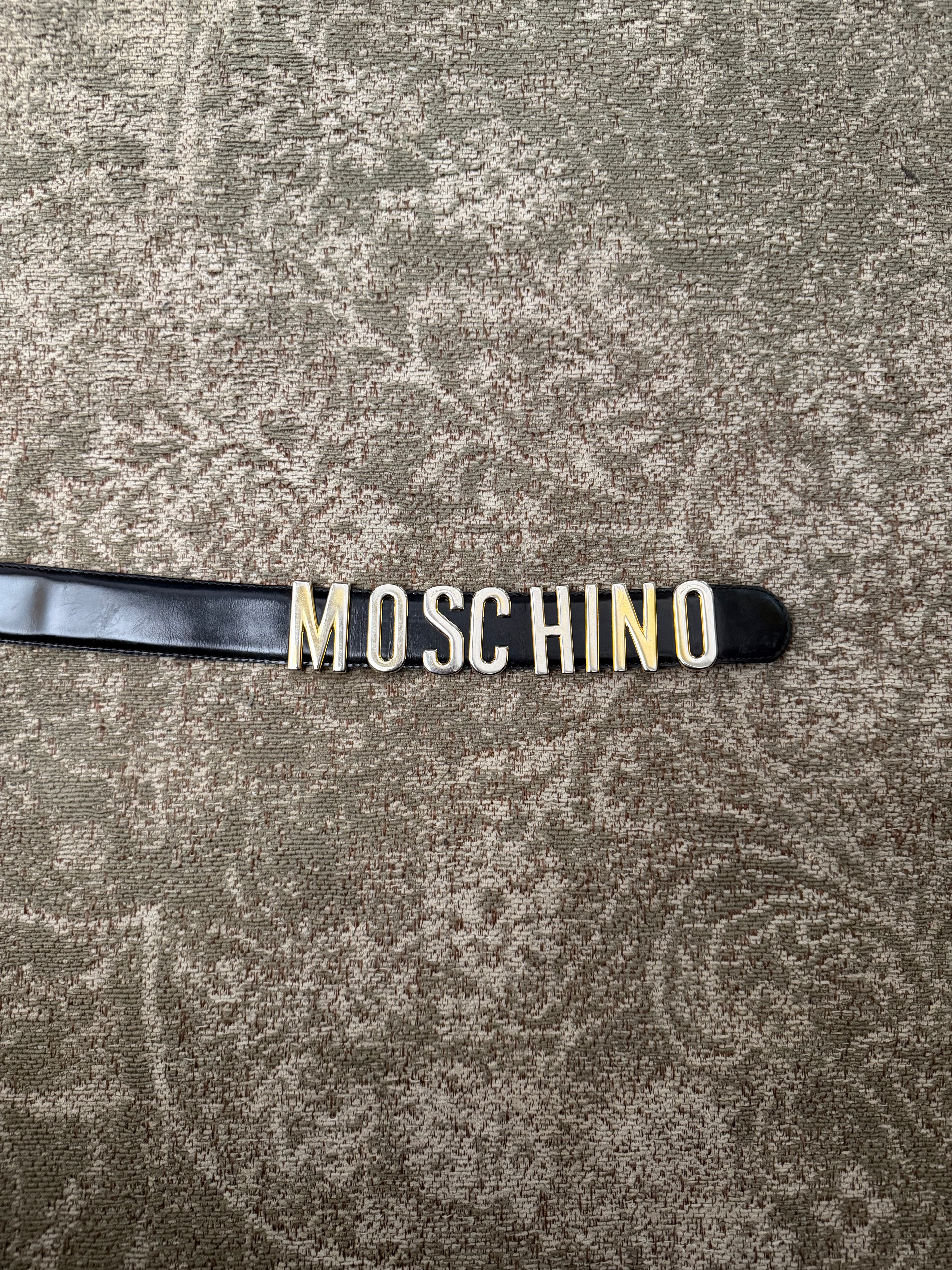 Moschino Belt Black Leather Gold Lettering