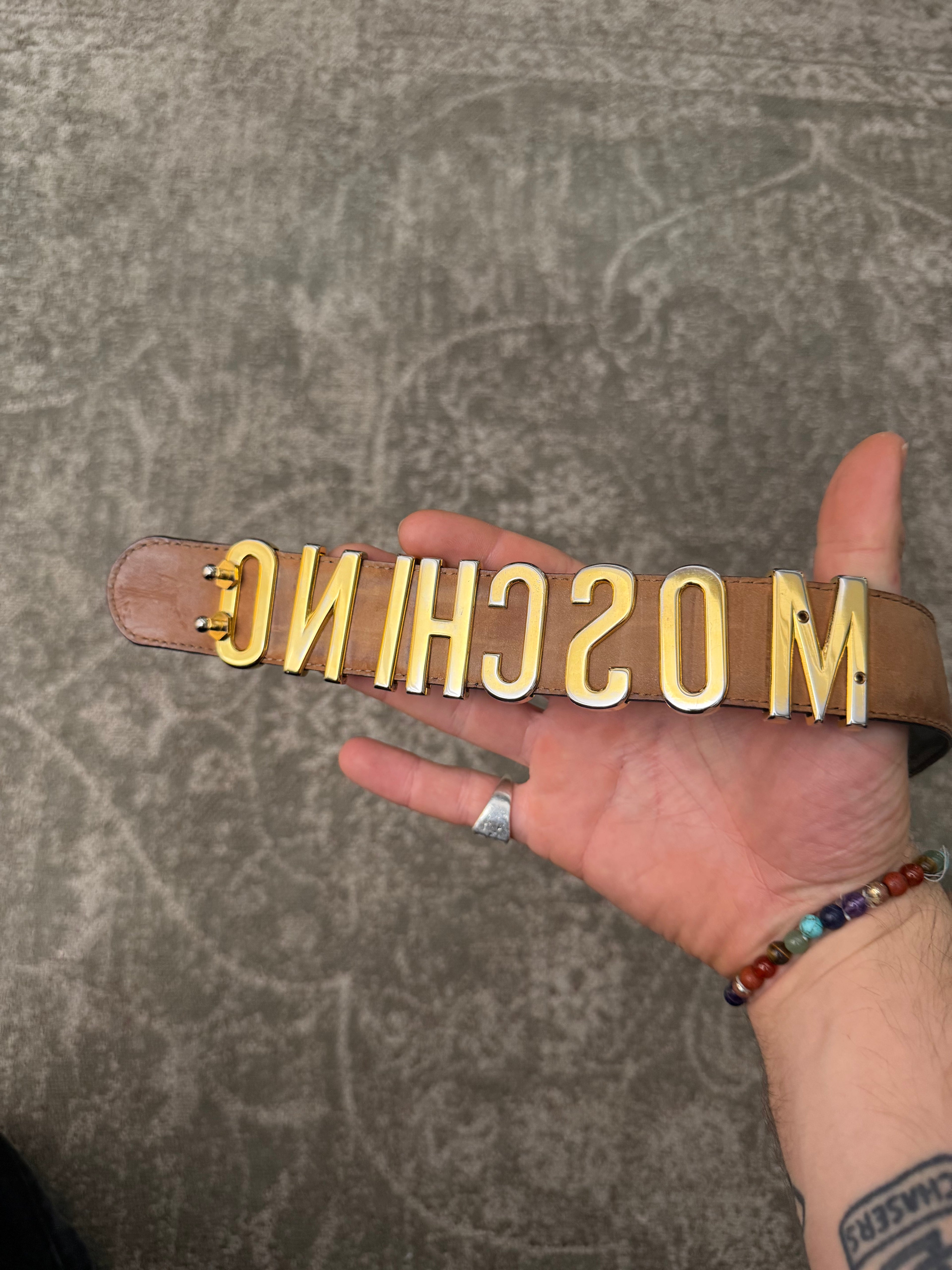 Moschino Belt Black Leather Gold Lettering