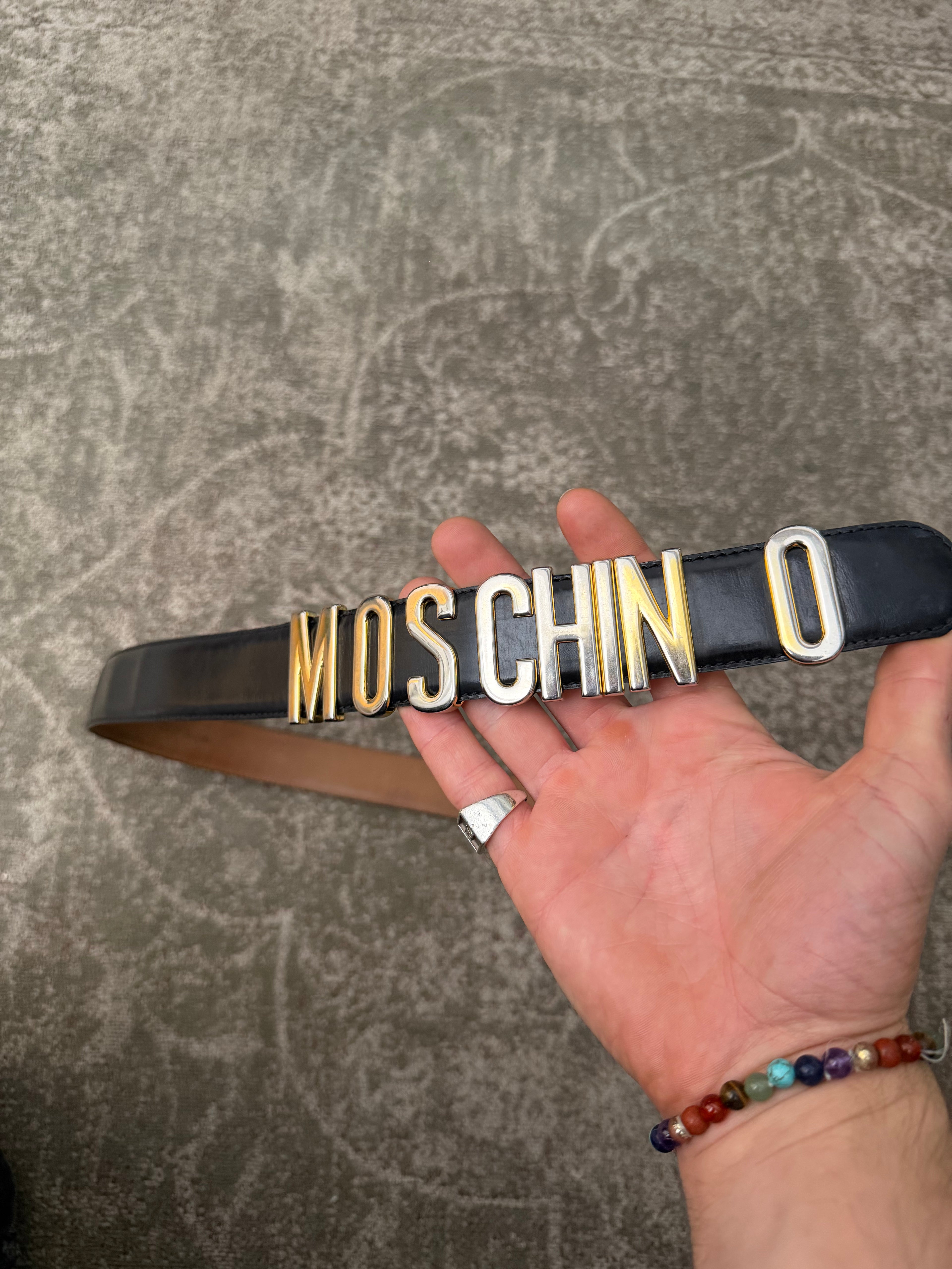 Moschino Belt Black Leather Gold Lettering