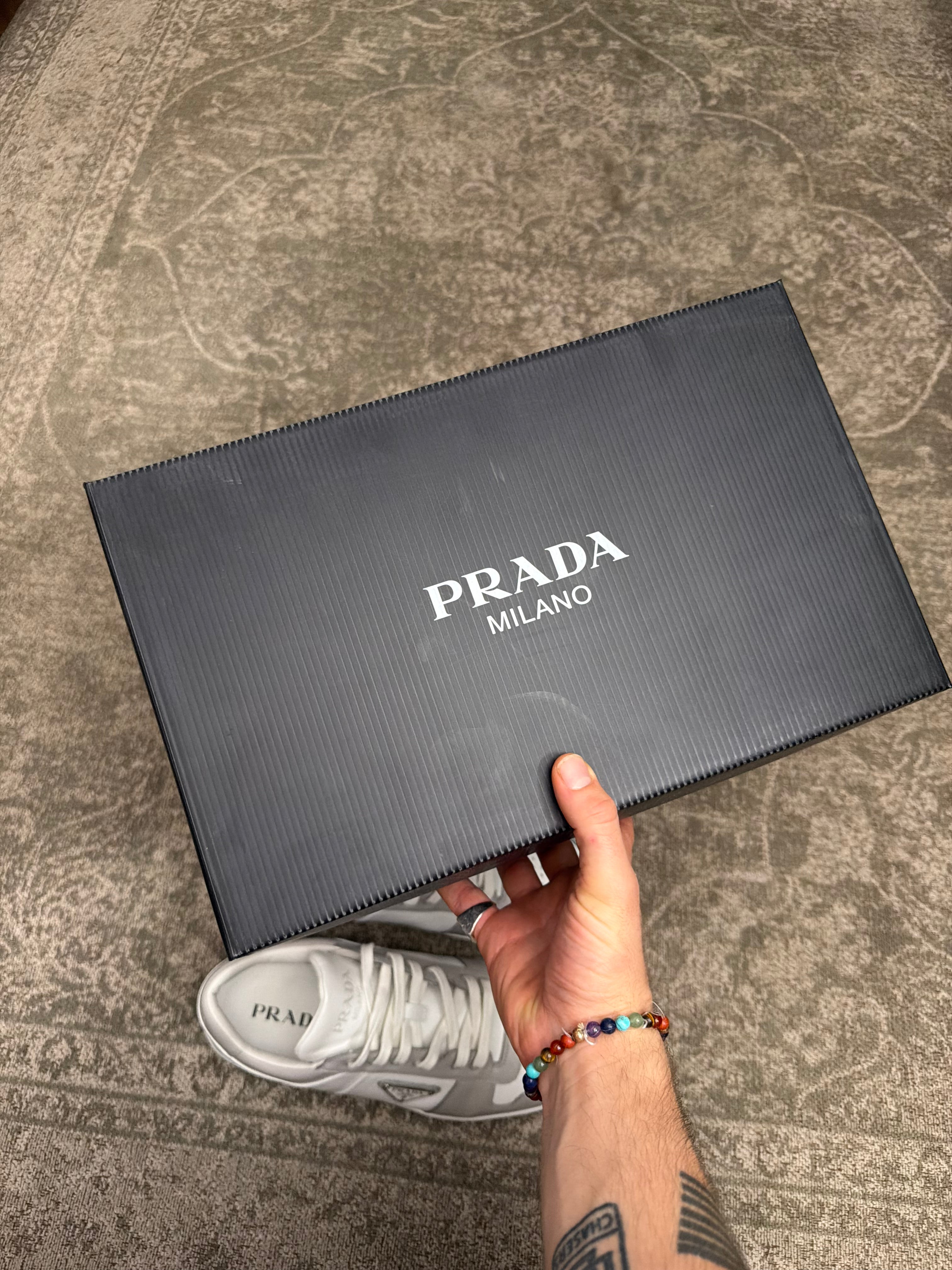 Prada Downtown Leather Sneaker Grey White