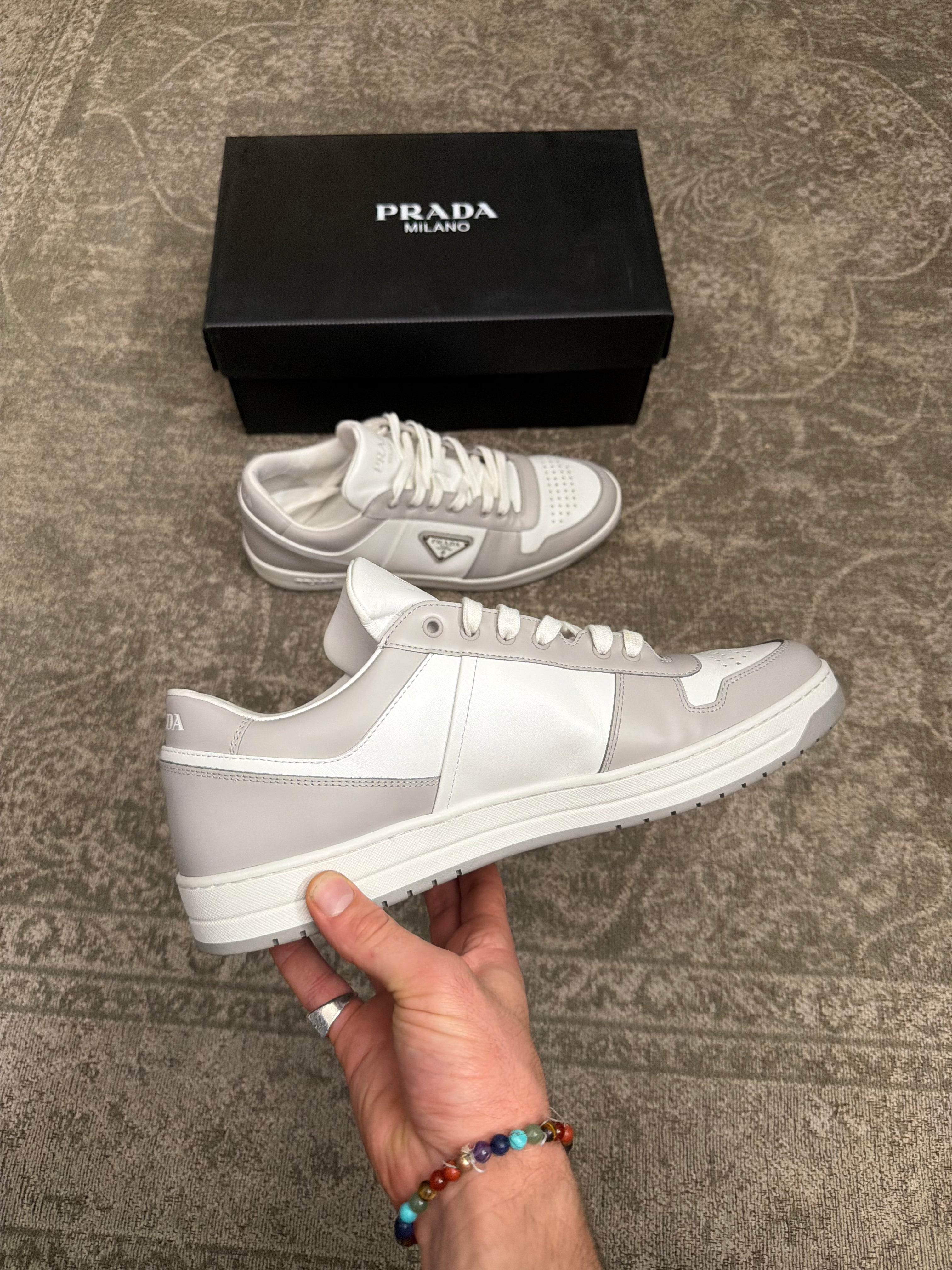 Prada Downtown Leather Sneaker Grey White