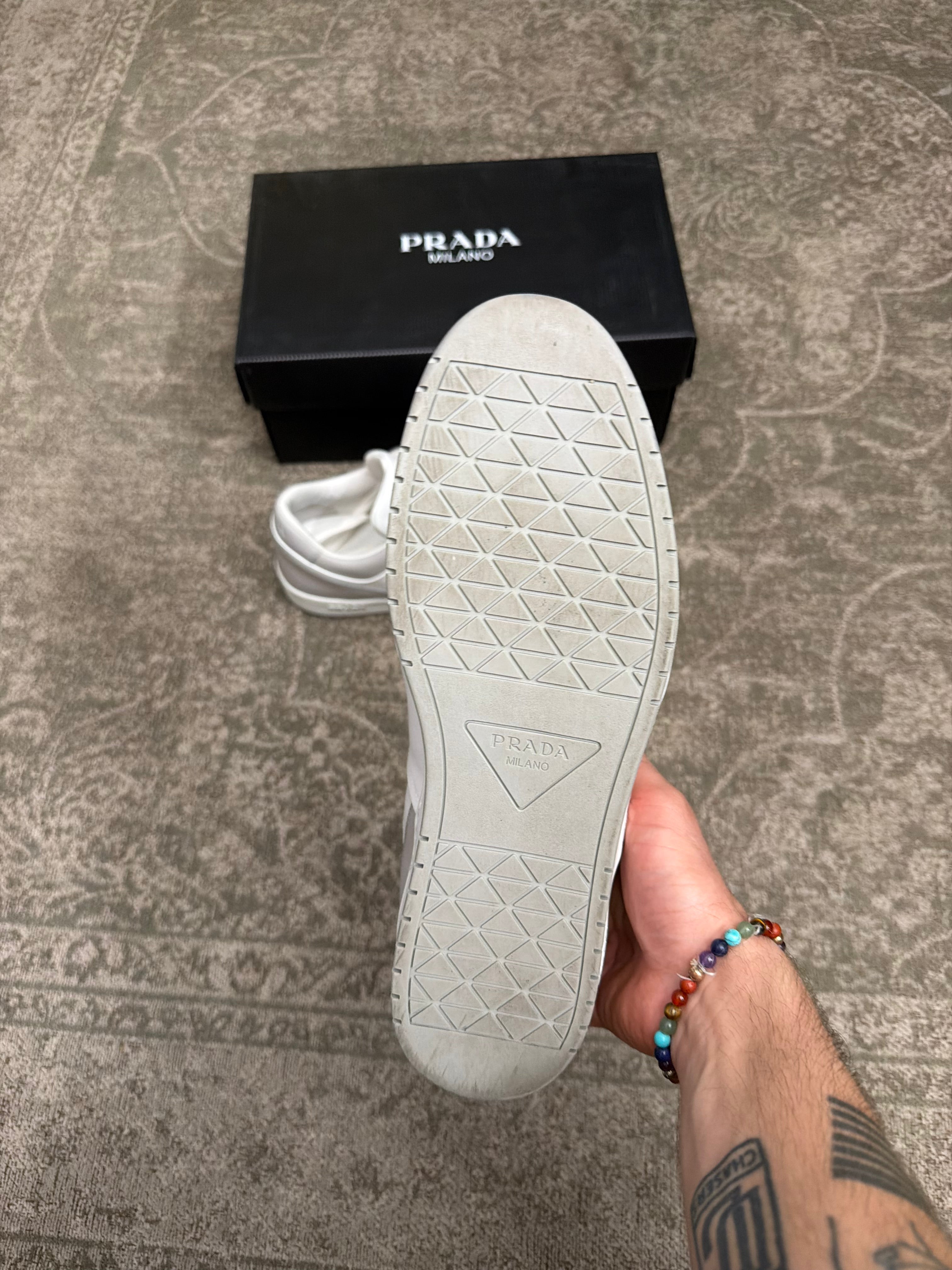 Prada Downtown Leather Sneaker Grey White