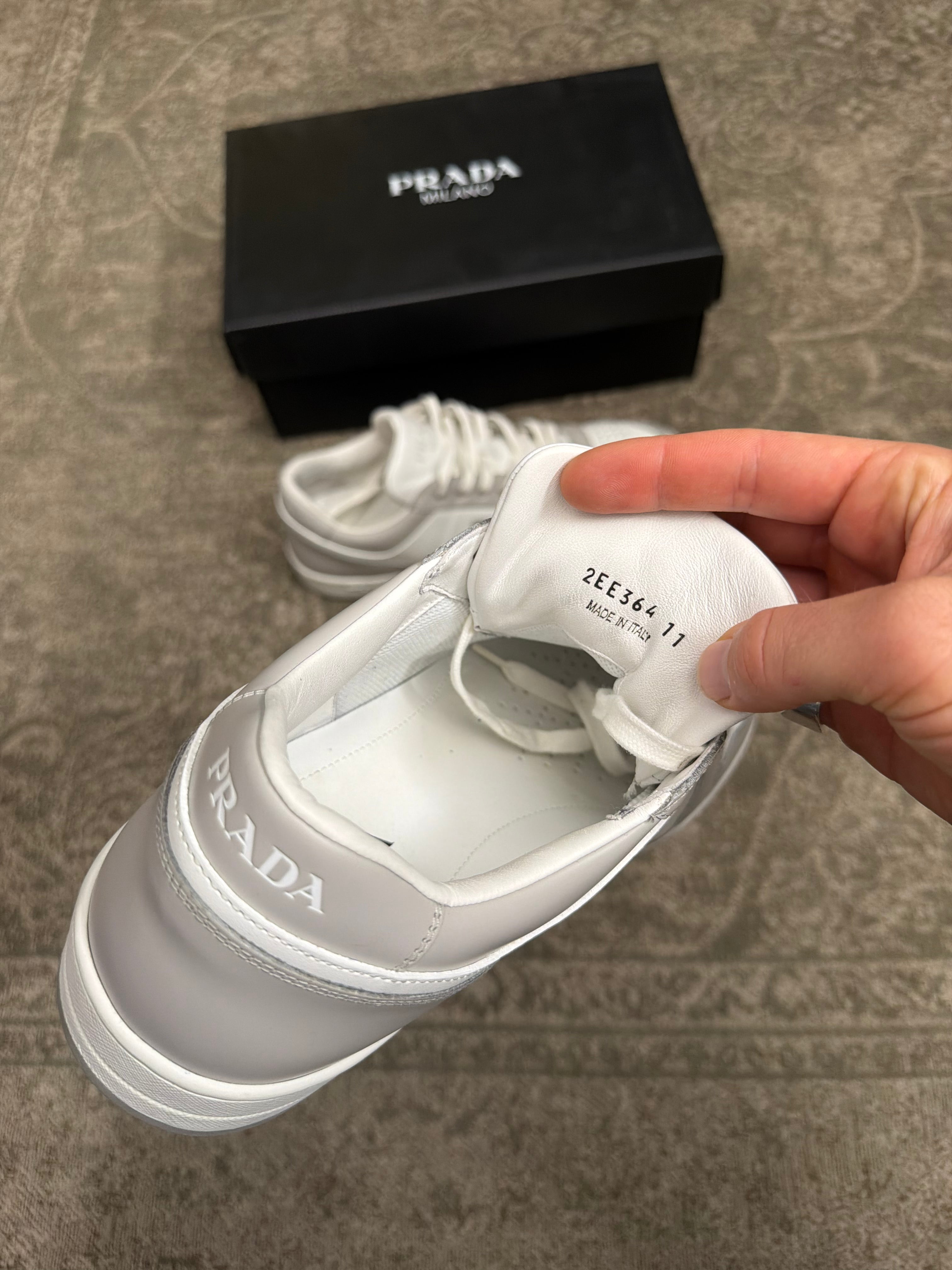 Prada Downtown Leather Sneaker Grey White