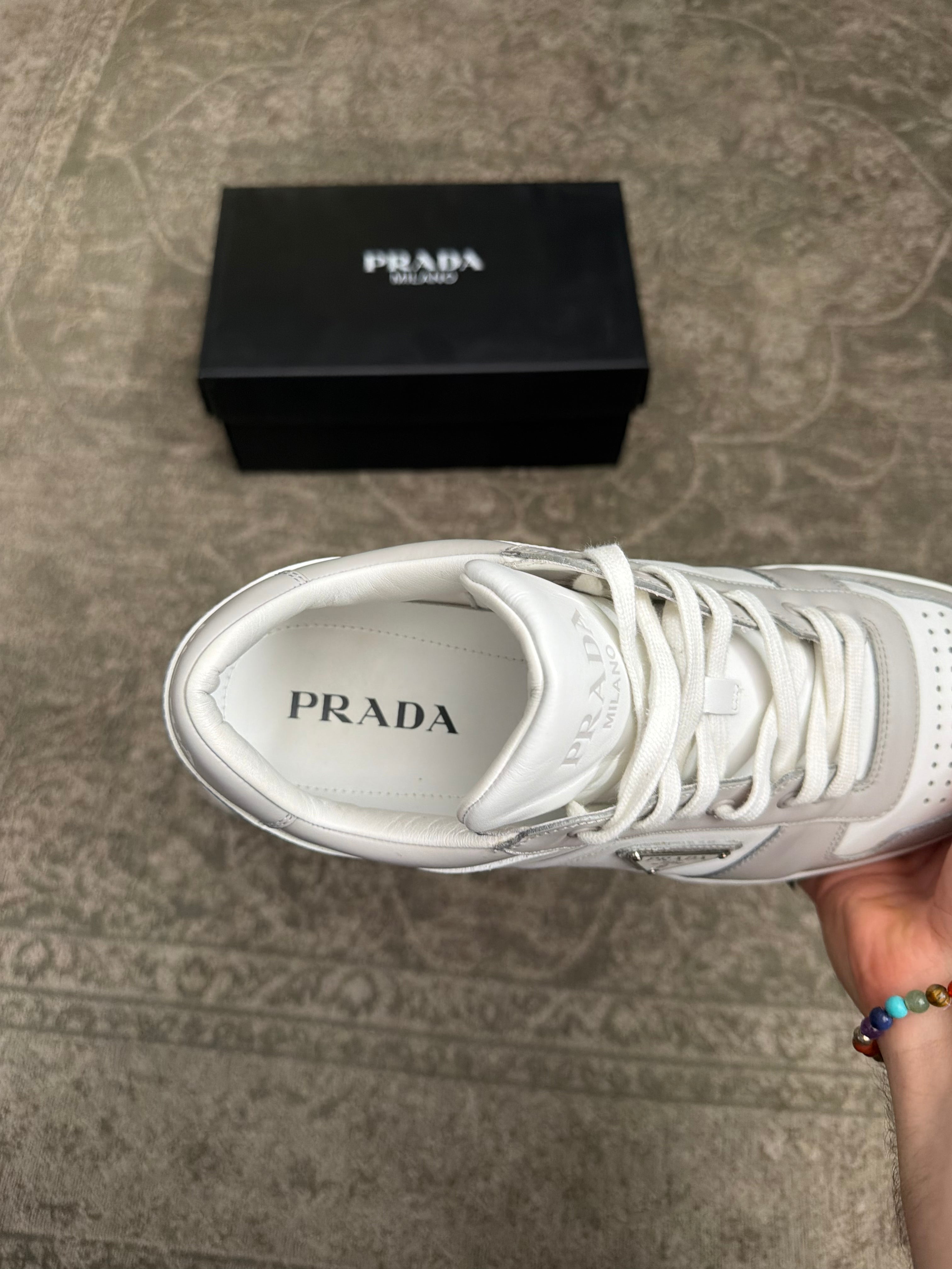 Prada Downtown Leather Sneaker Grey White