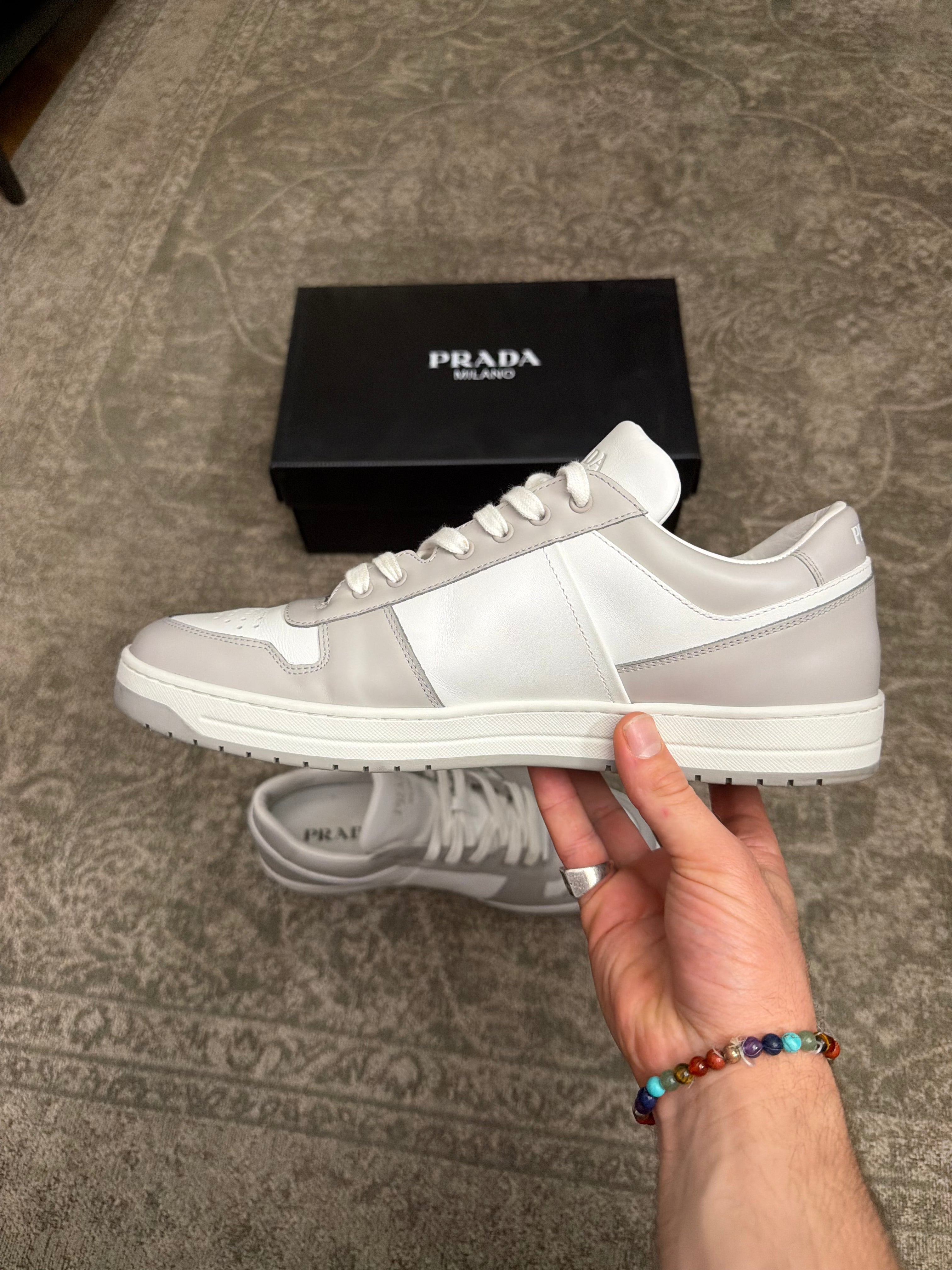 Prada Downtown Leather Sneaker Grey White