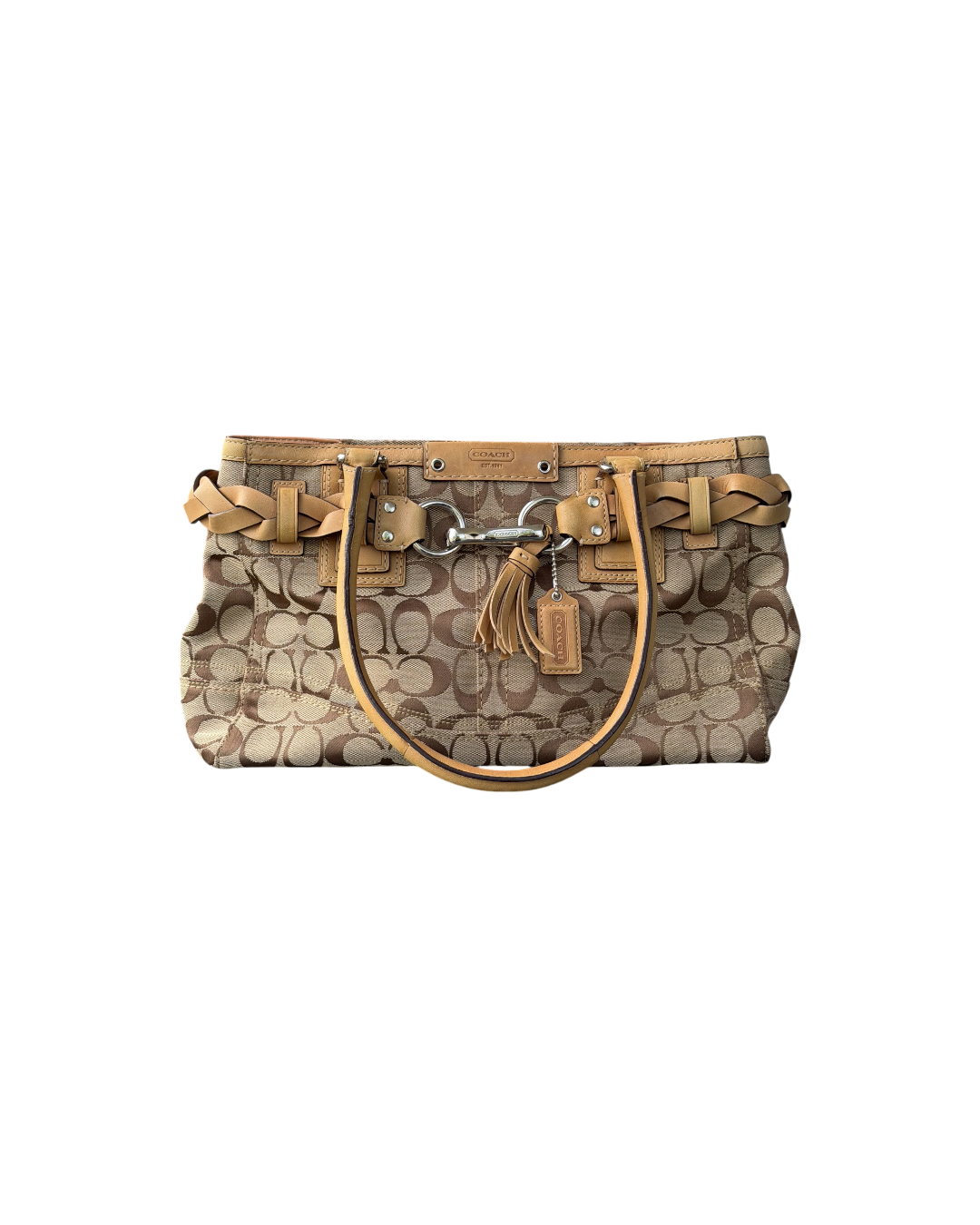 Coach Woven Signature Hampton Bag Beige Leather