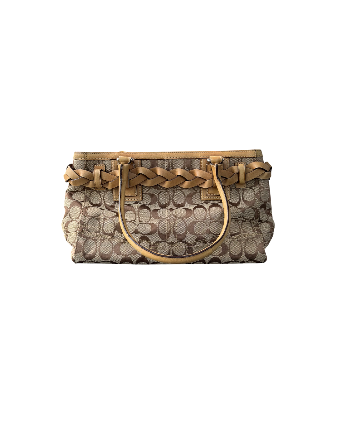 Coach Woven Signature Hampton Bag Beige Leather