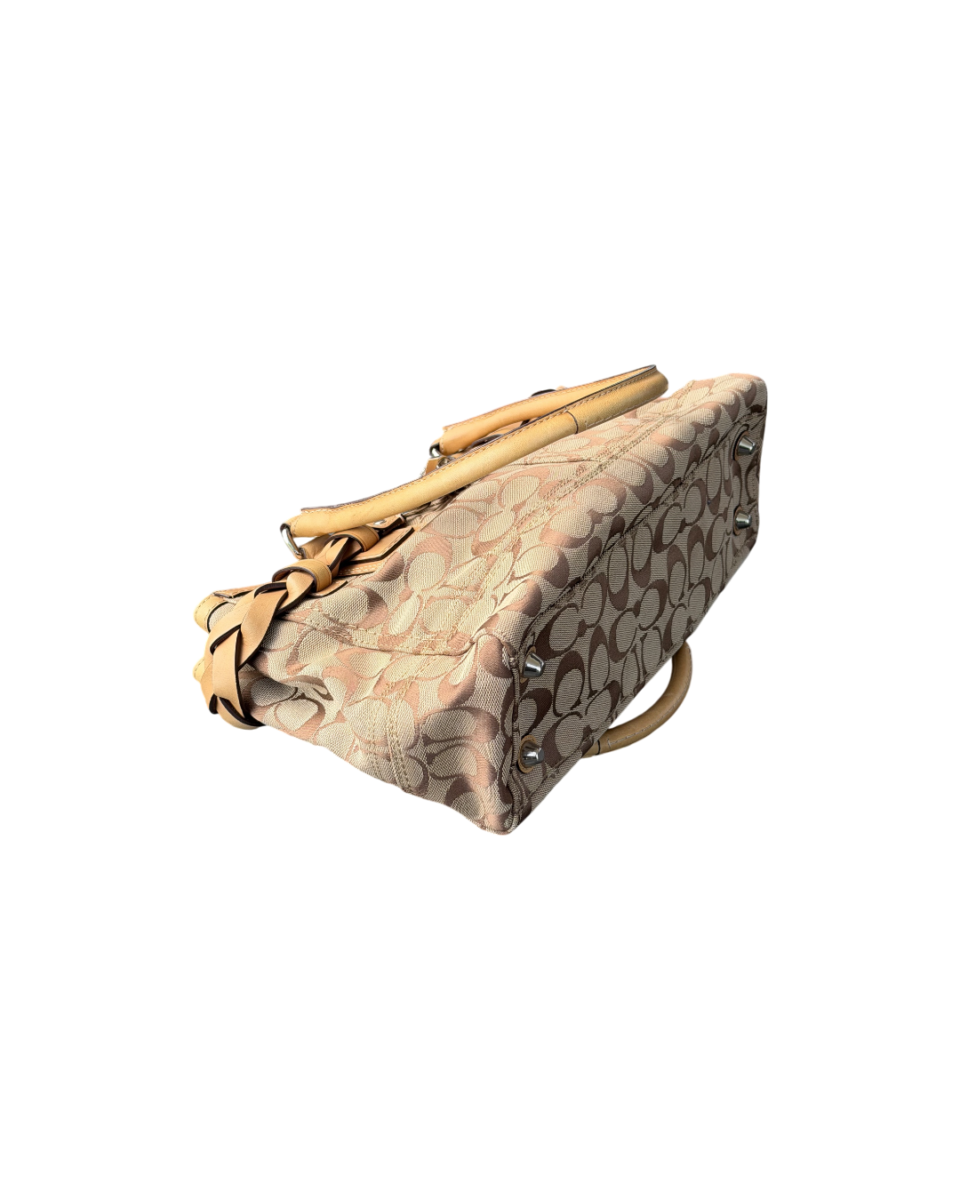 Coach Woven Signature Hampton Bag Beige Leather