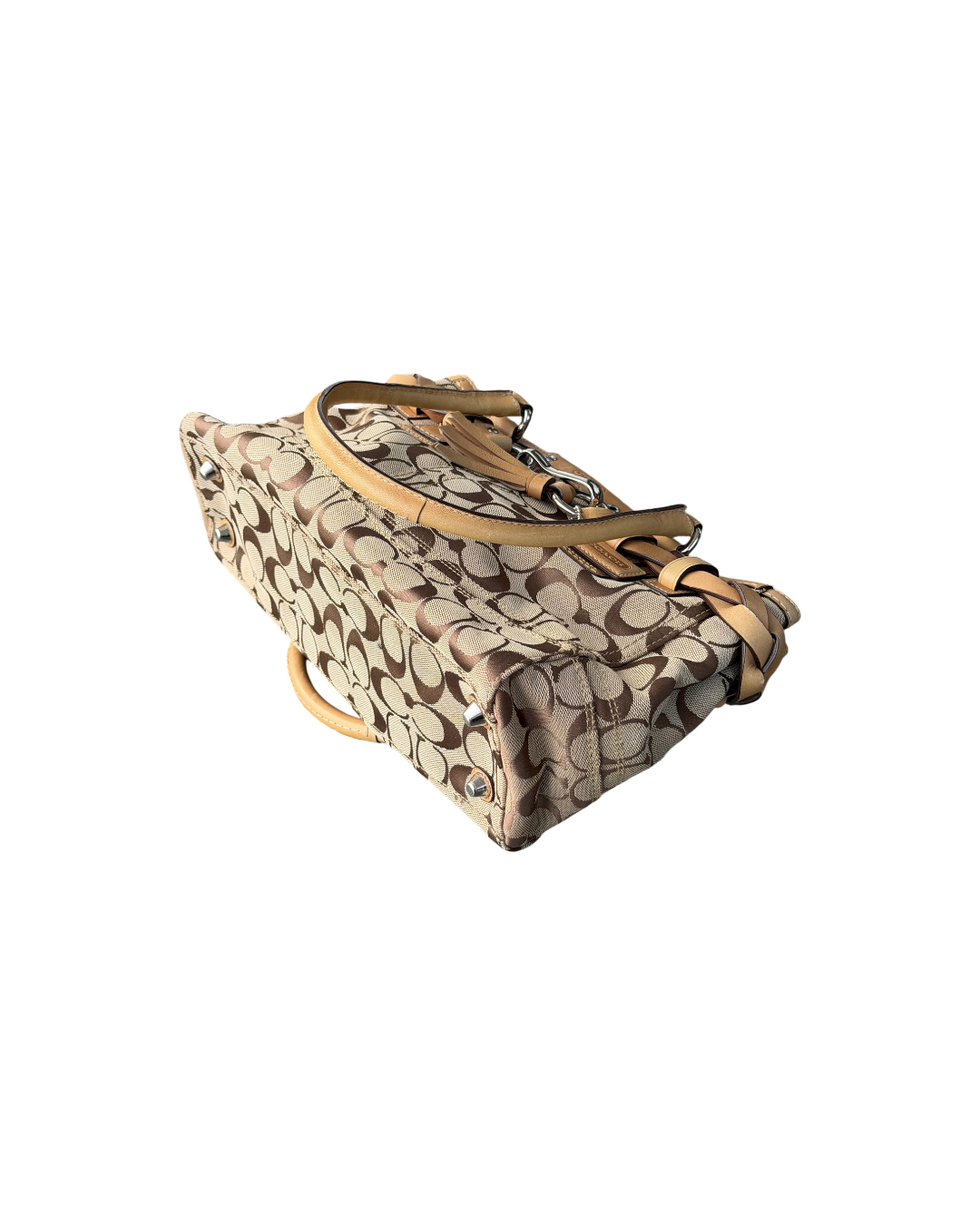 Coach Woven Signature Hampton Bag Beige Leather