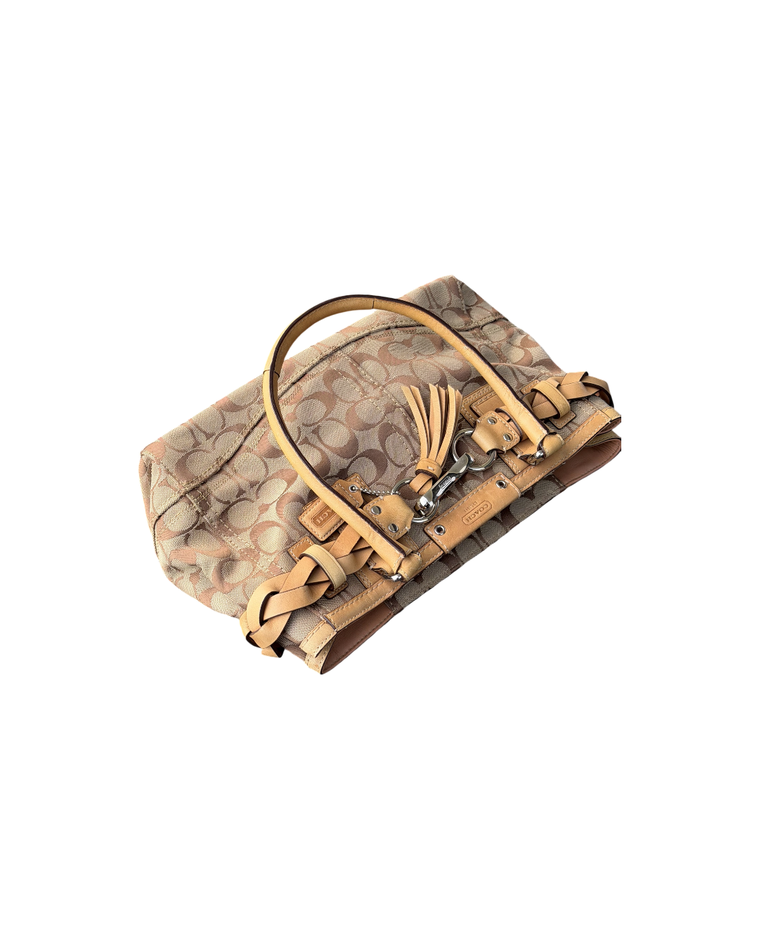 Coach Woven Signature Hampton Bag Beige Leather