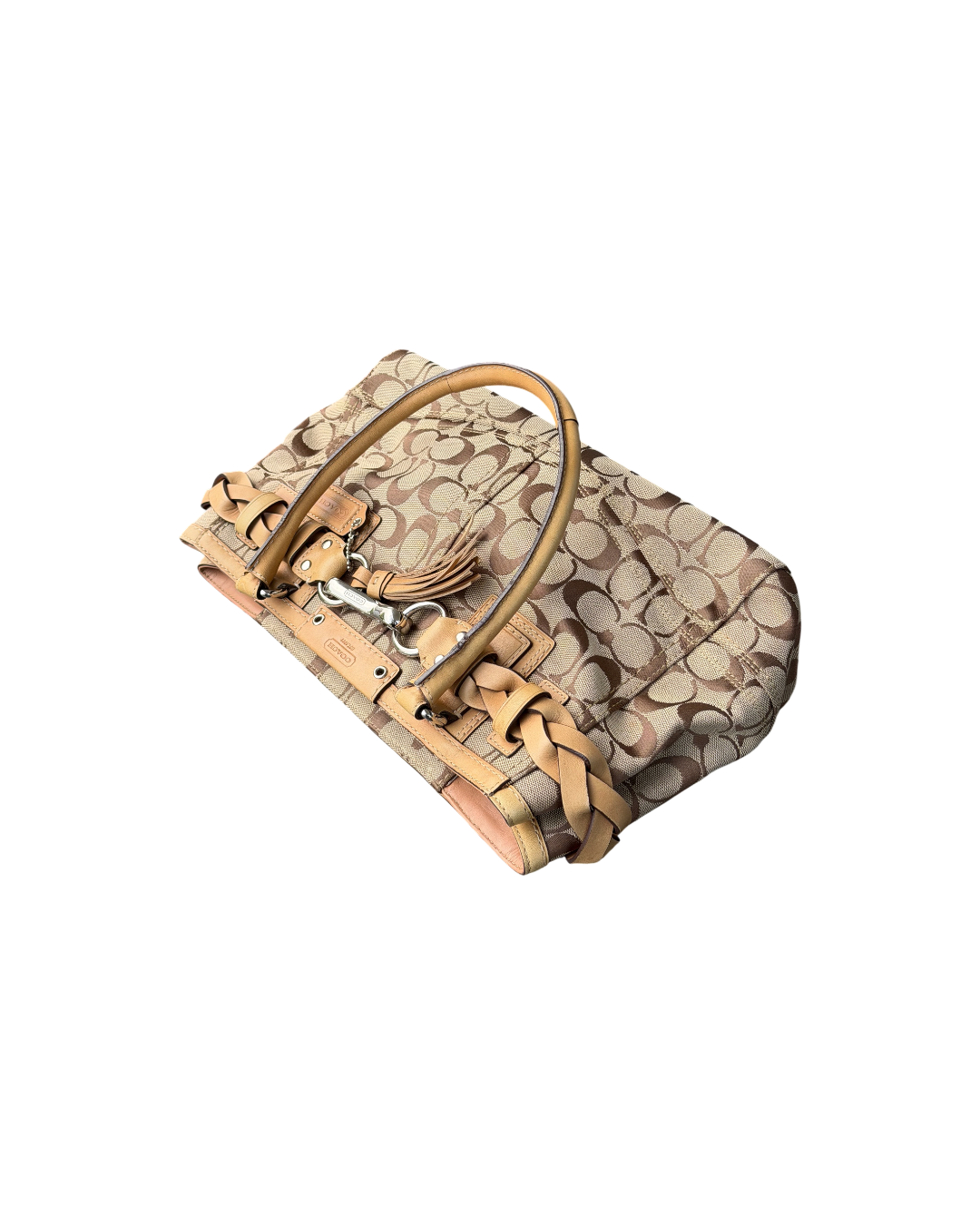 Coach Woven Signature Hampton Bag Beige Leather