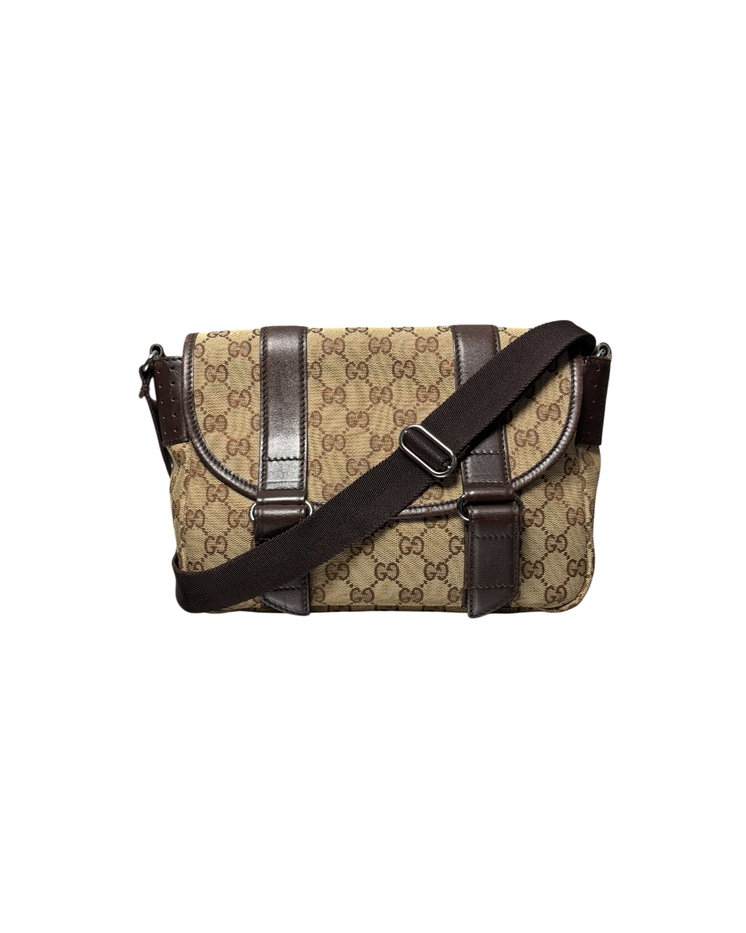 GUCCI GG Canvas Belt Flap Messenger Leather Beige Brown