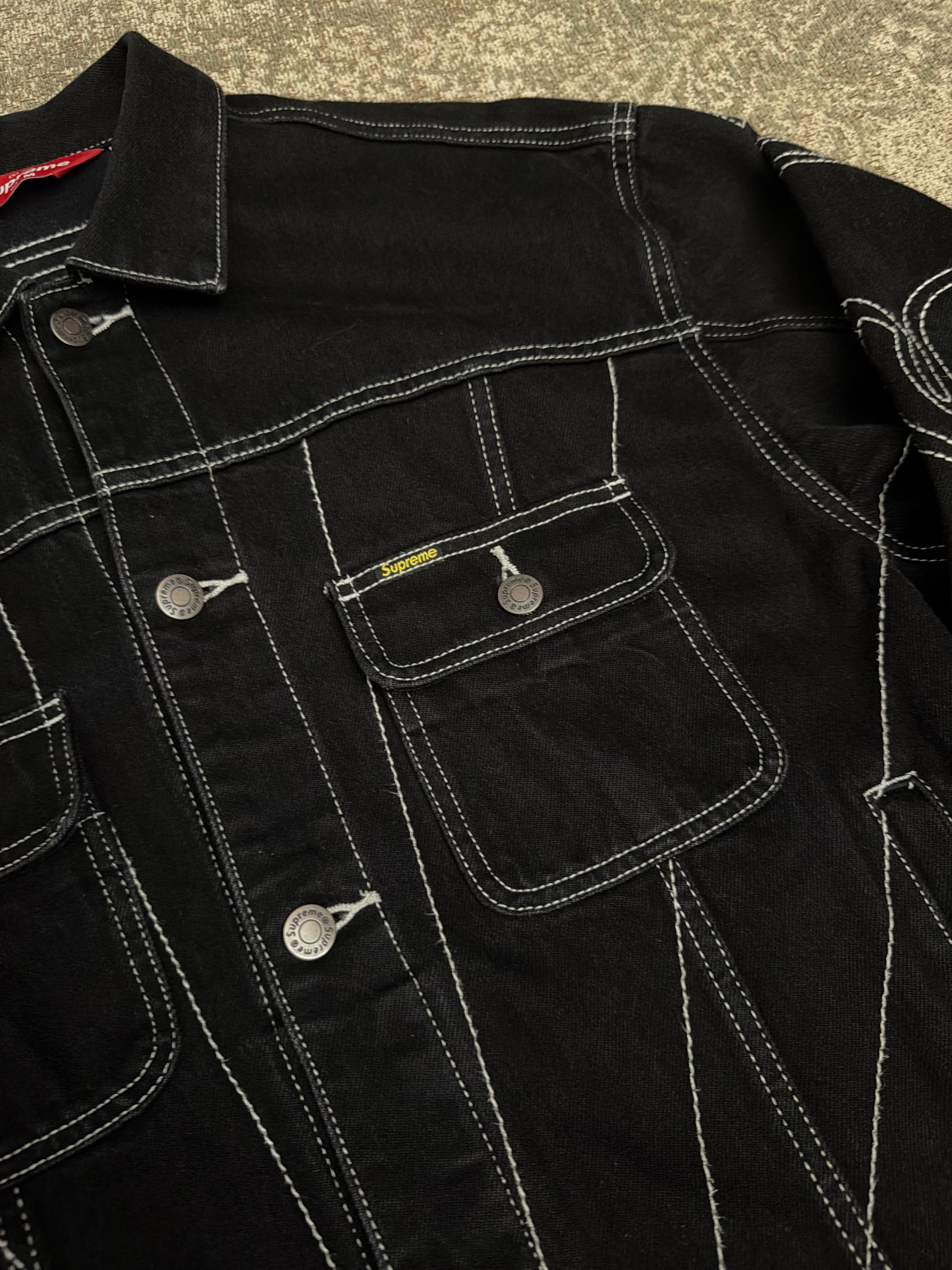 Supreme Radial Embroidered Denim Trucker Jacket Stitched Black FW23