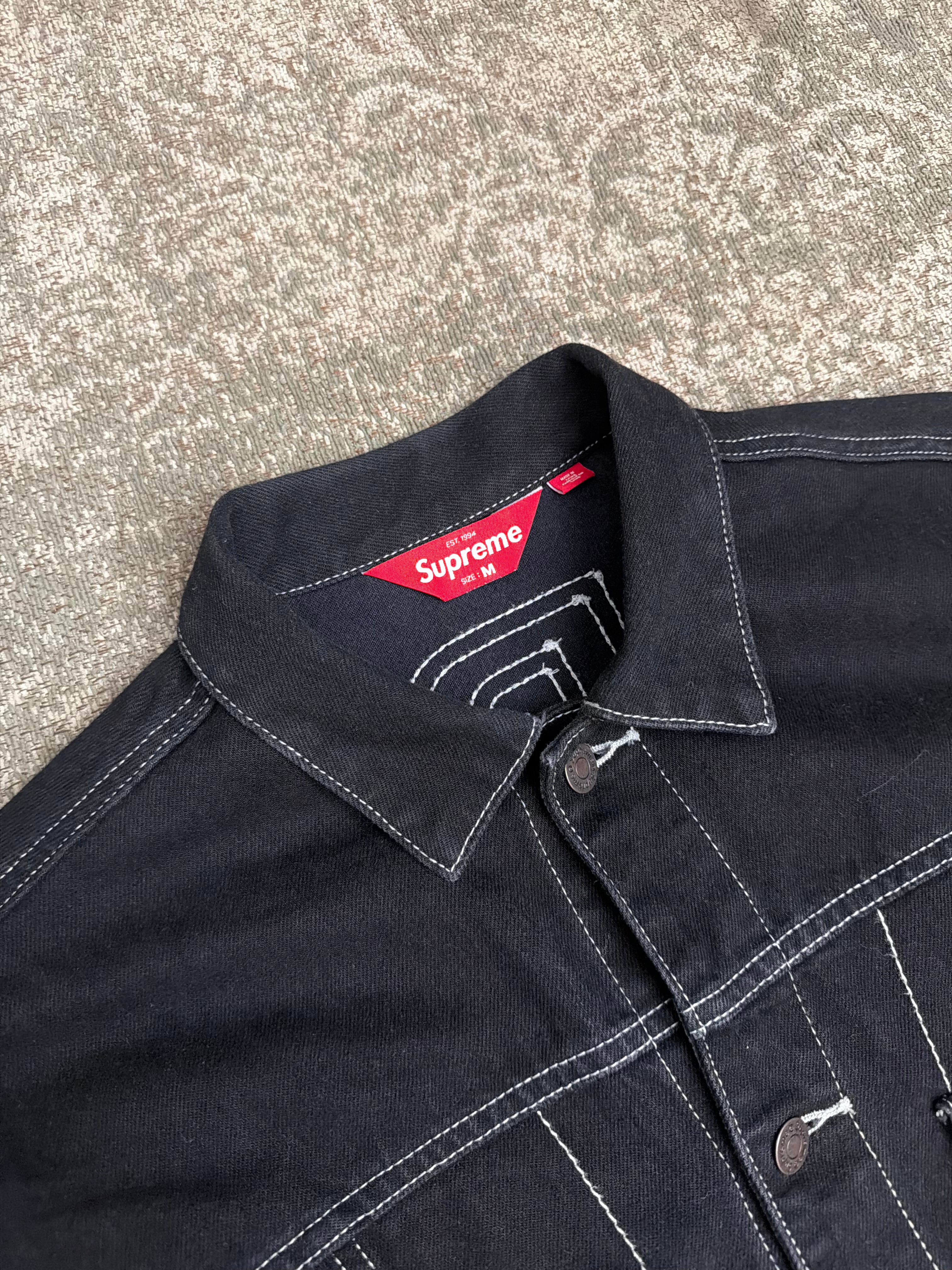 Supreme Radial Embroidered Denim Trucker Jacket Stitched Black FW23