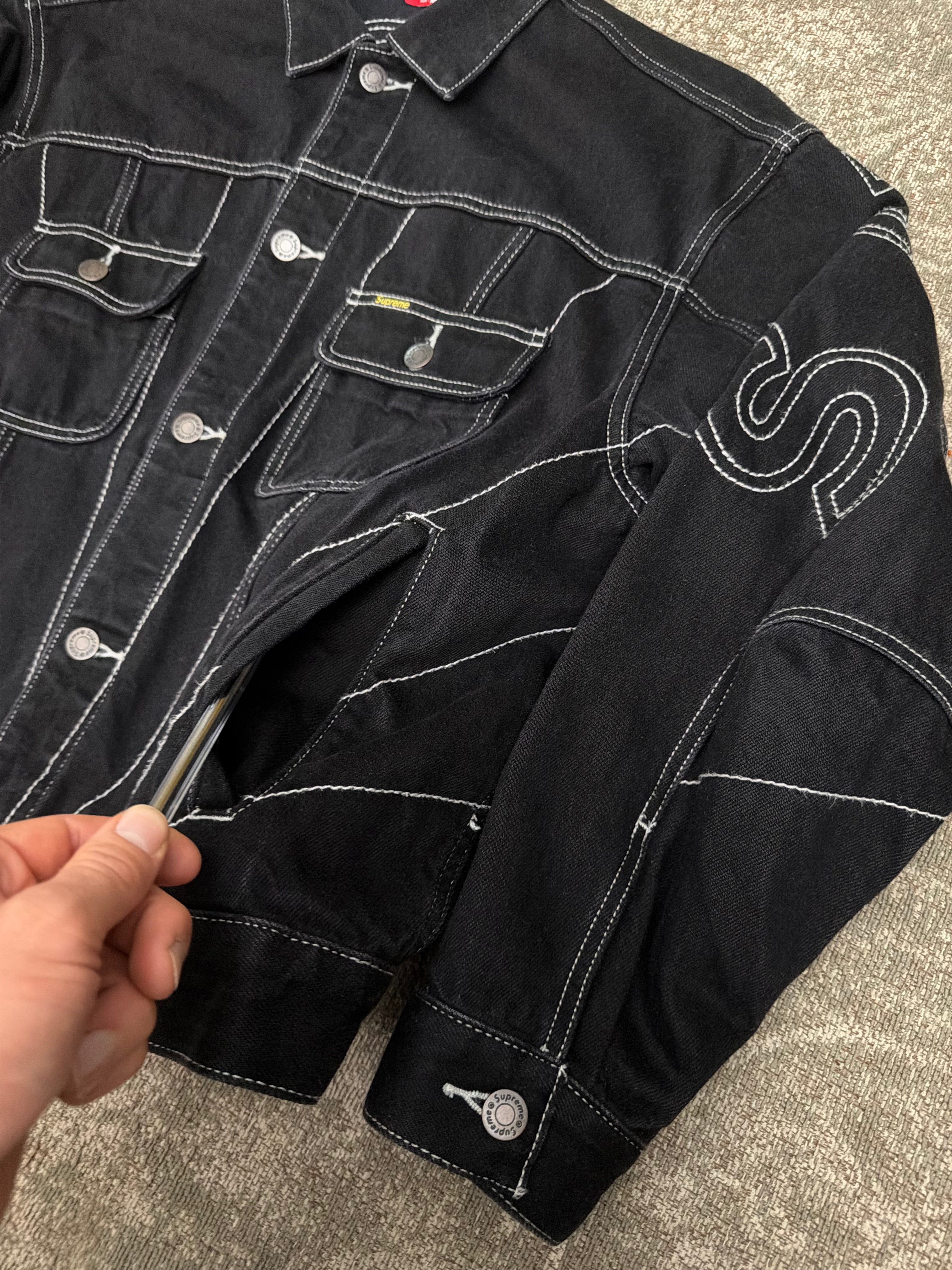 Supreme Radial Embroidered Denim Trucker Jacket Stitched Black FW23