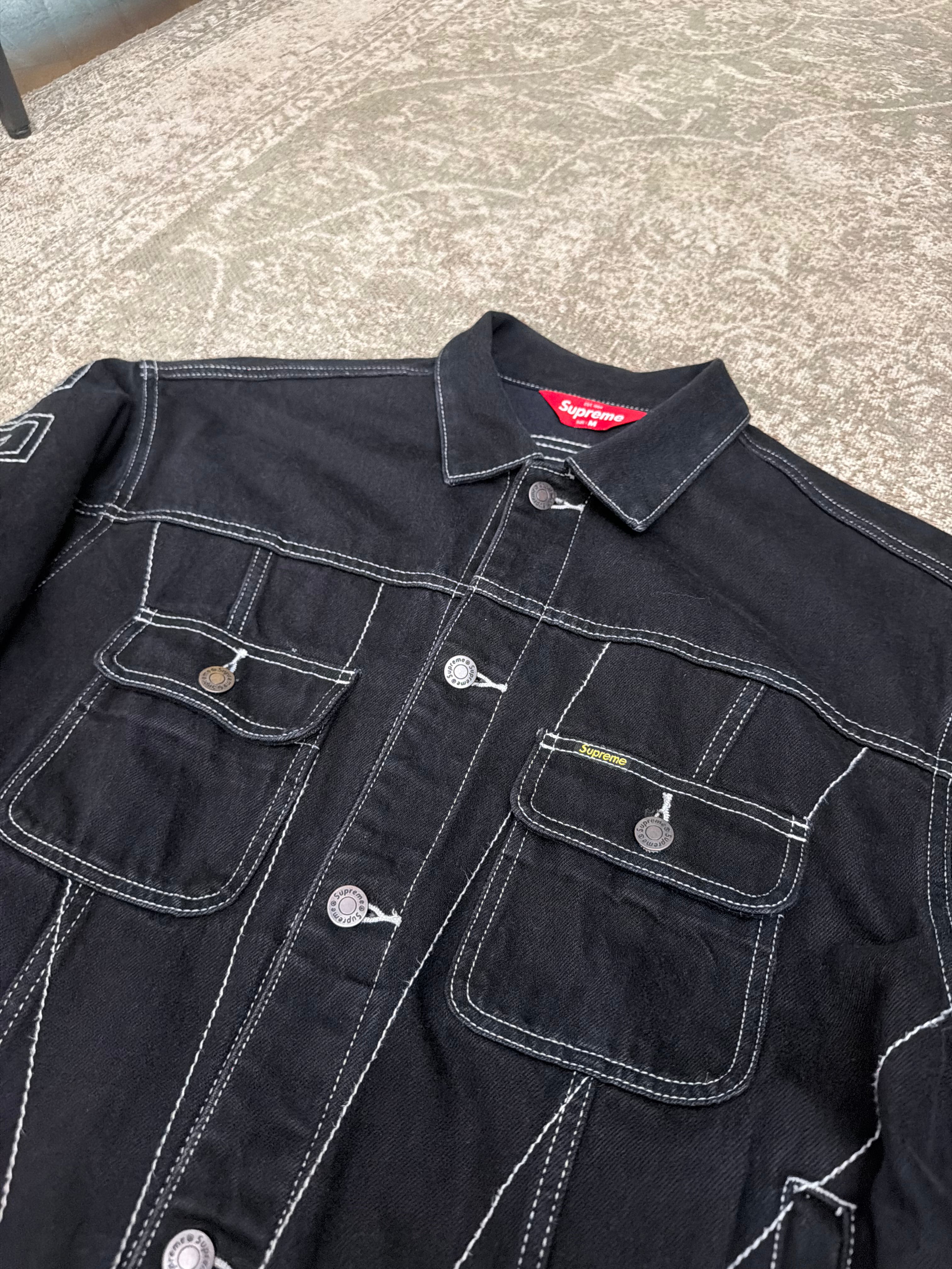 Supreme Radial Embroidered Denim Trucker Jacket Stitched Black FW23