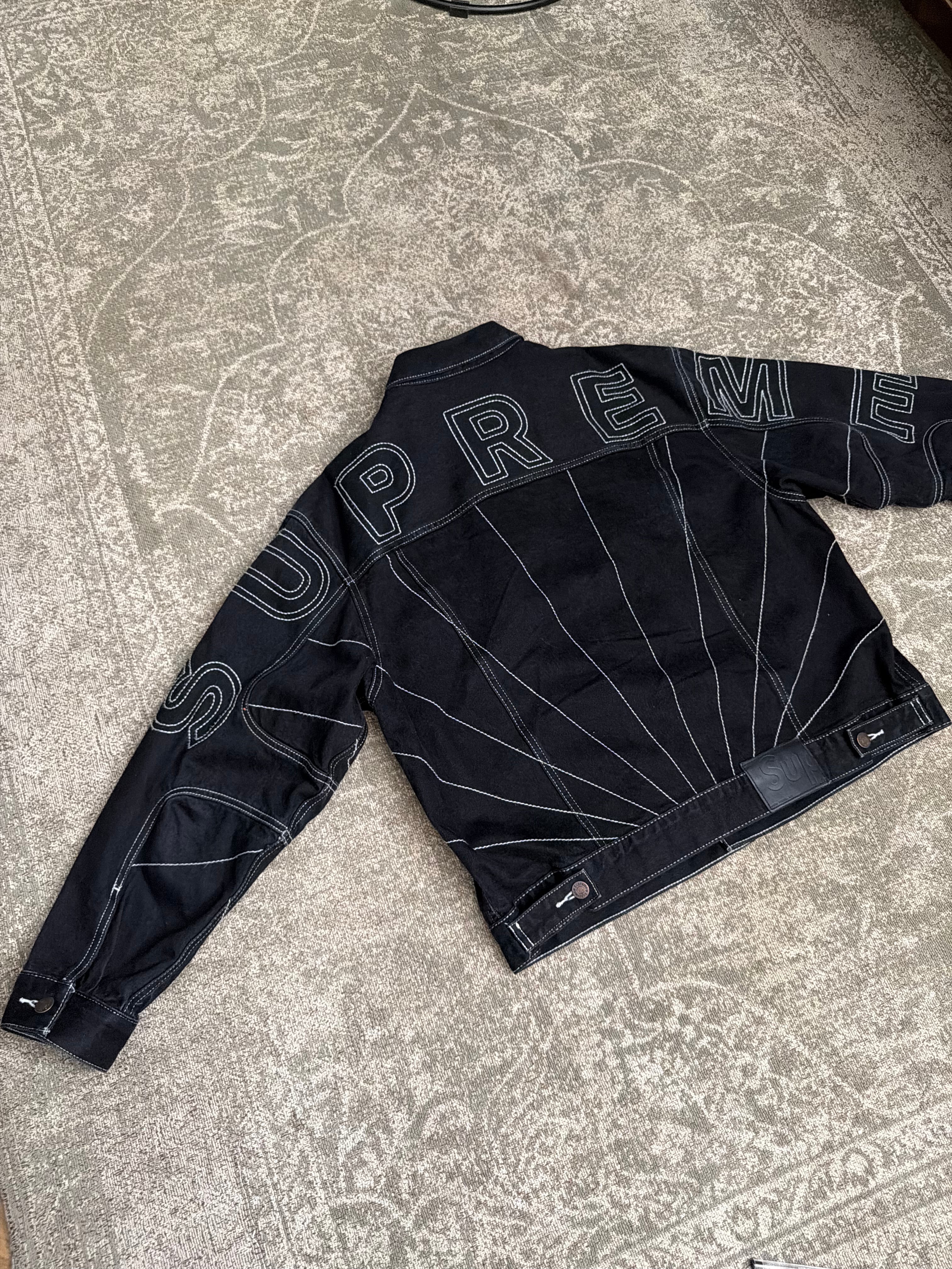Supreme Radial Embroidered Denim Trucker Jacket Stitched Black FW23