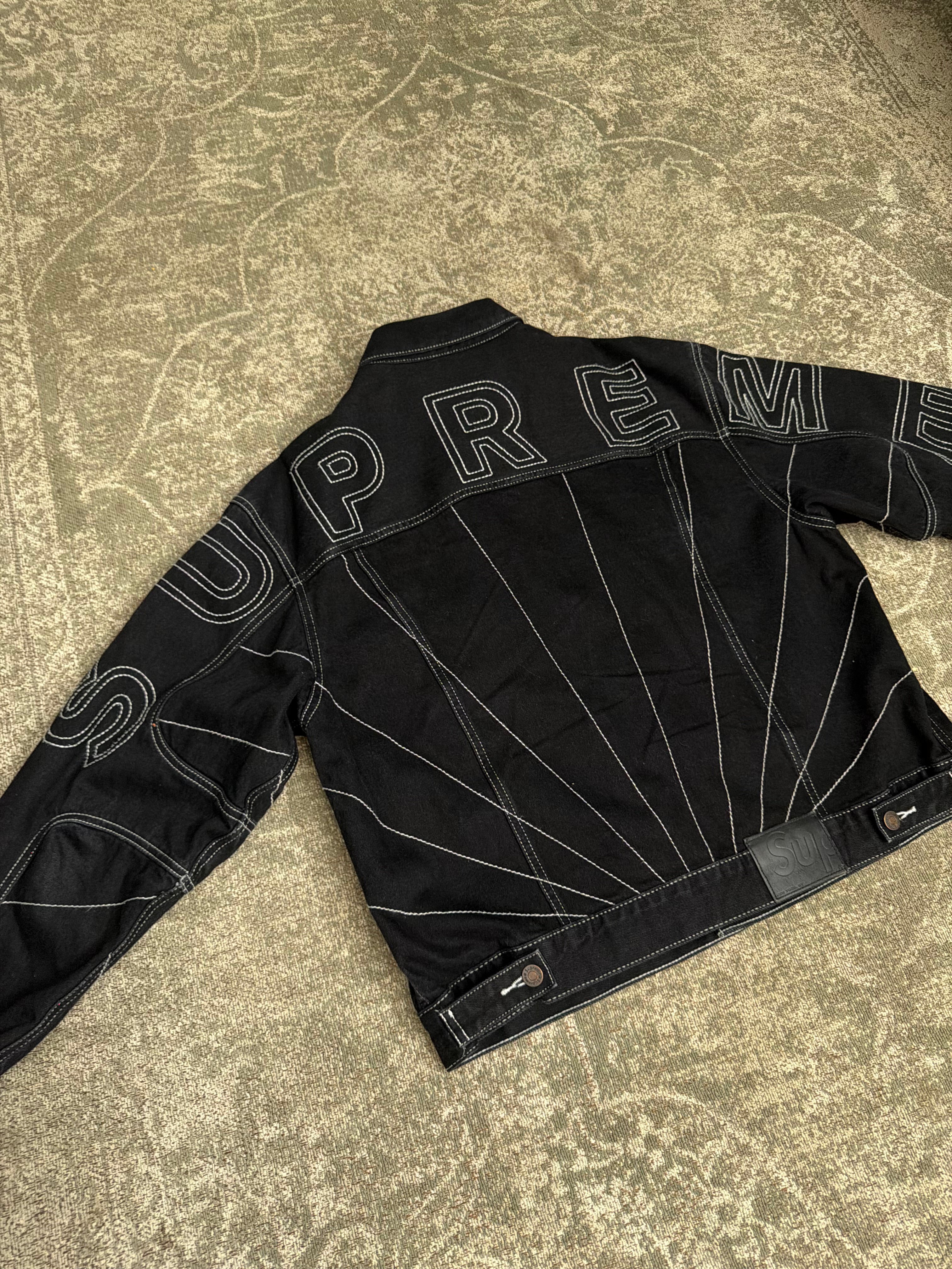 Supreme Radial Embroidered Denim Trucker Jacket Stitched Black FW23