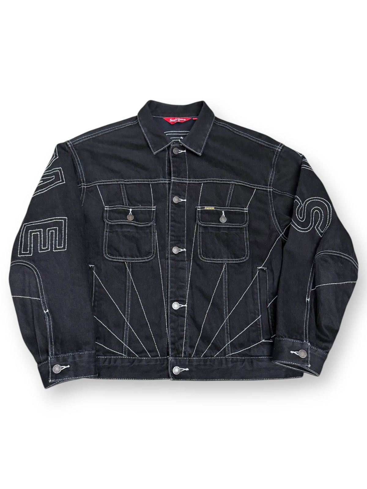Supreme Radial Embroidered Denim Trucker Jacket Stitched Black FW23